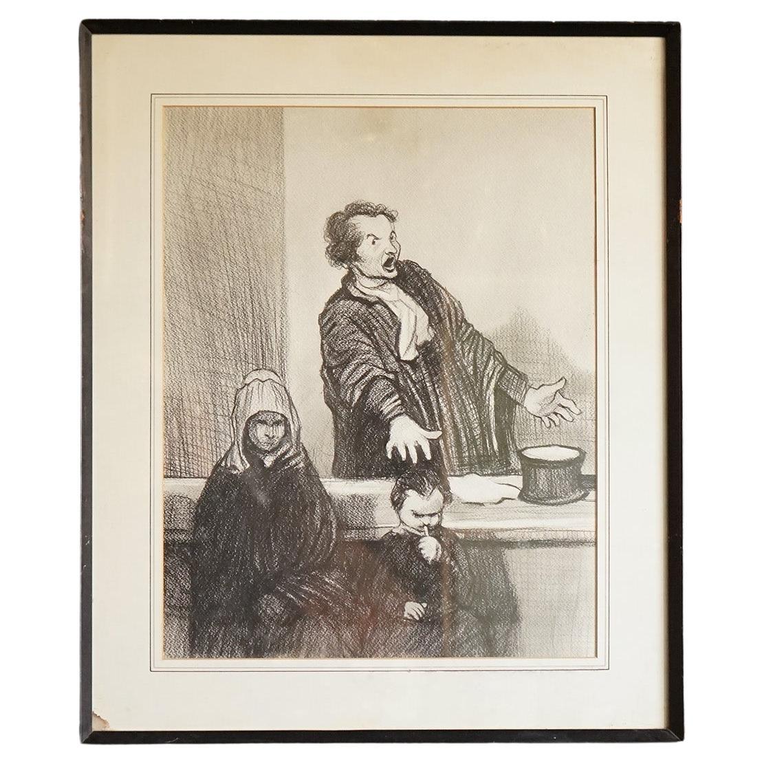 Vintage-Zeichnung, die eine Gerichtsszene nach dem Original von Honoré Daumier darstellt im Angebot