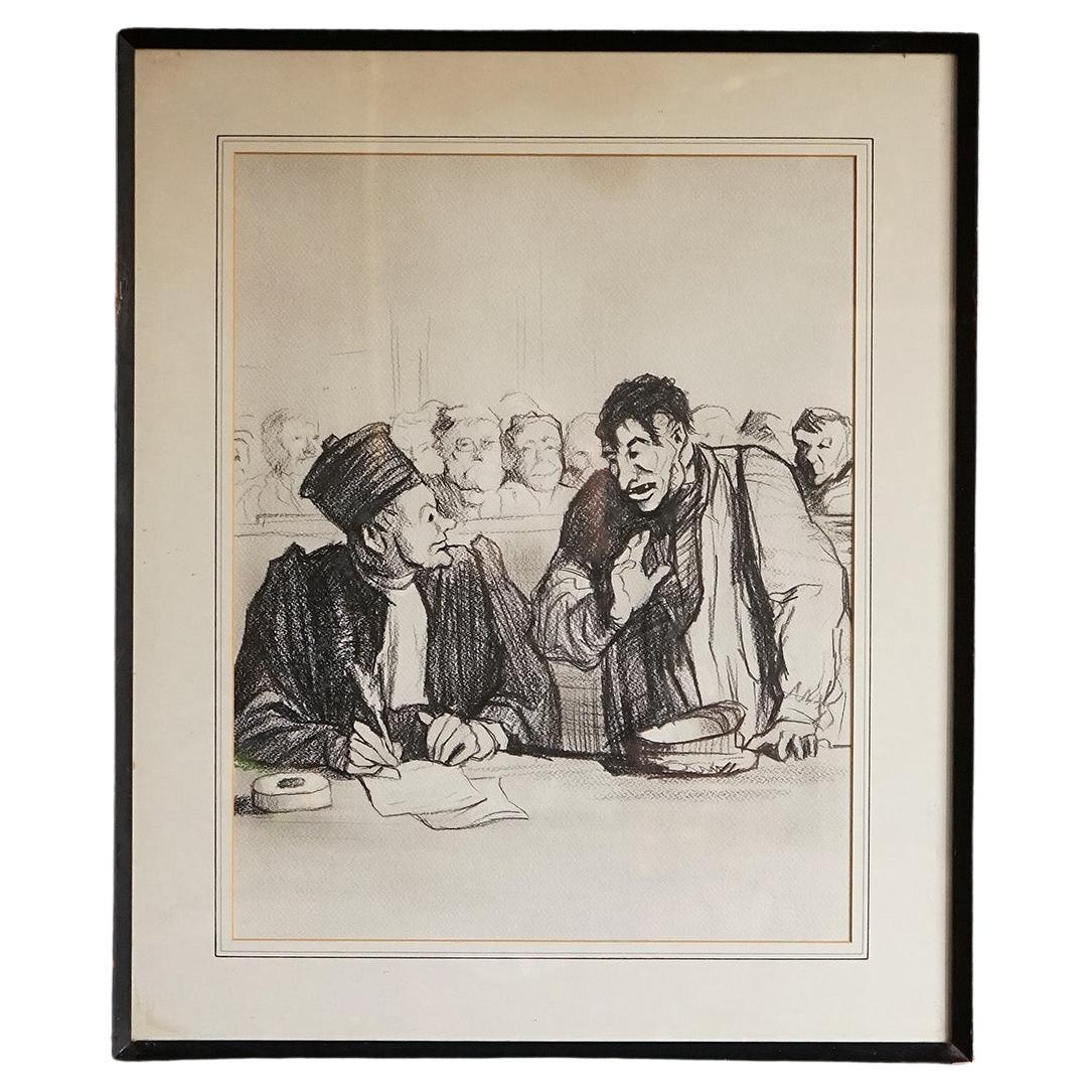 Vintage Drawing Depicting a Courtroom Scene After the Original by Honoré Daumier For Sale