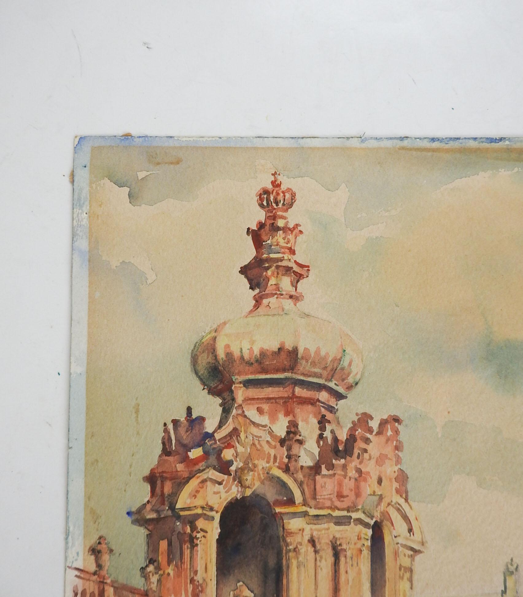 German Vintage Dresden Crown Gate Palace Watercolor Painting For Sale