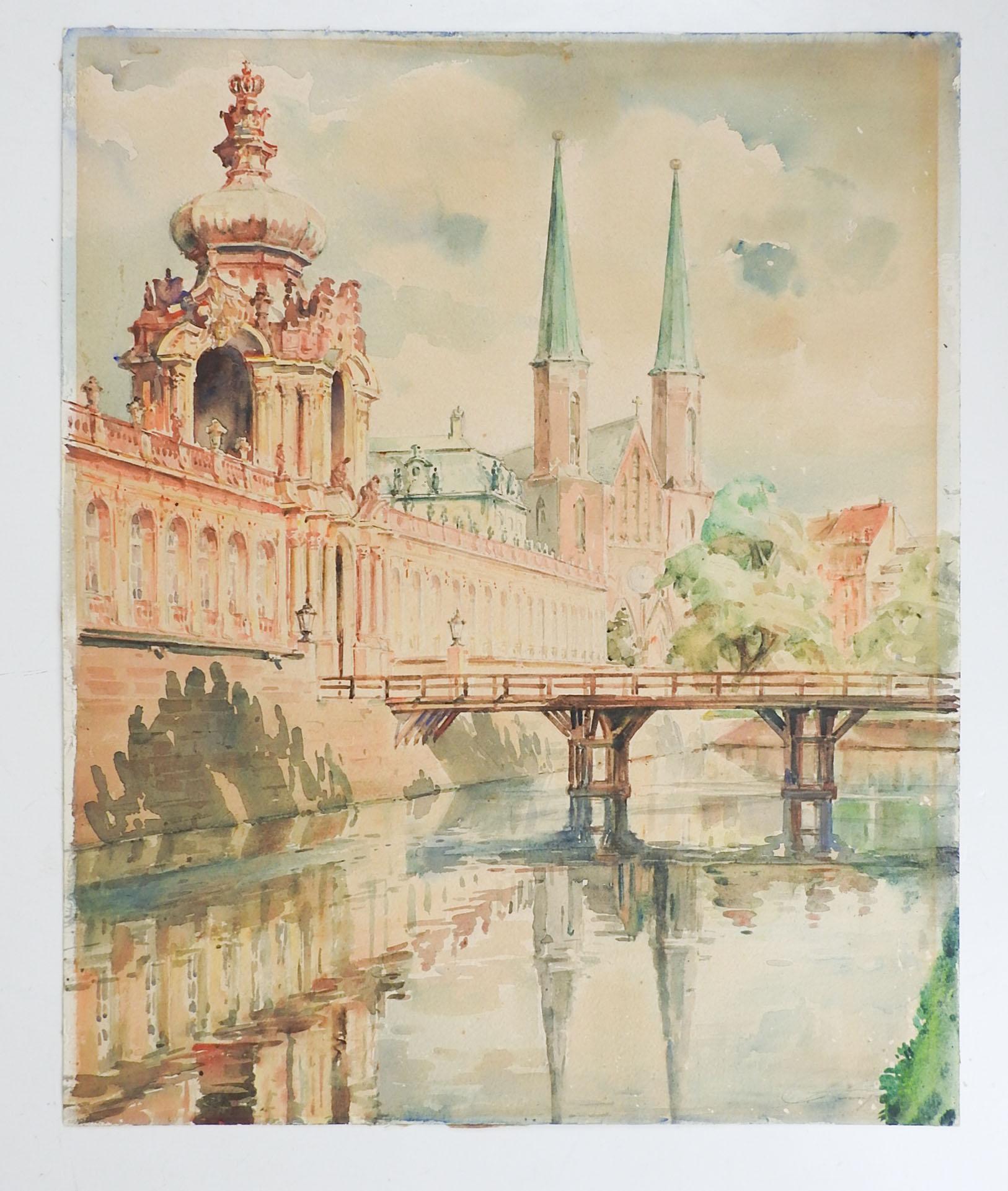 Vintage Dresden Crown Gate Palace Watercolor Painting In Fair Condition For Sale In Seguin, TX