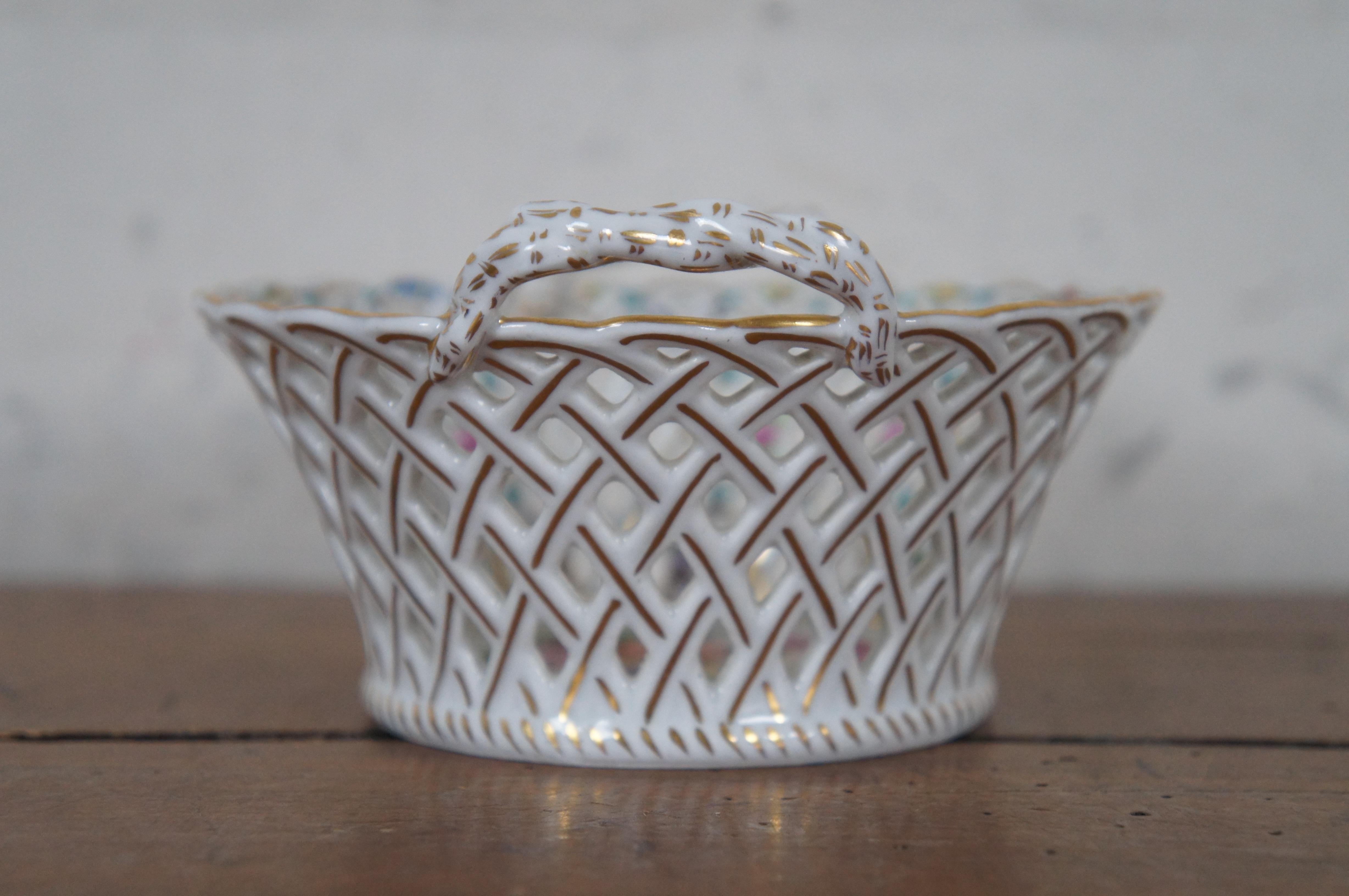 20th Century Vintage Dresden Porcelain Hand Painted Reticulated Basket Weave Handled Bowl 6