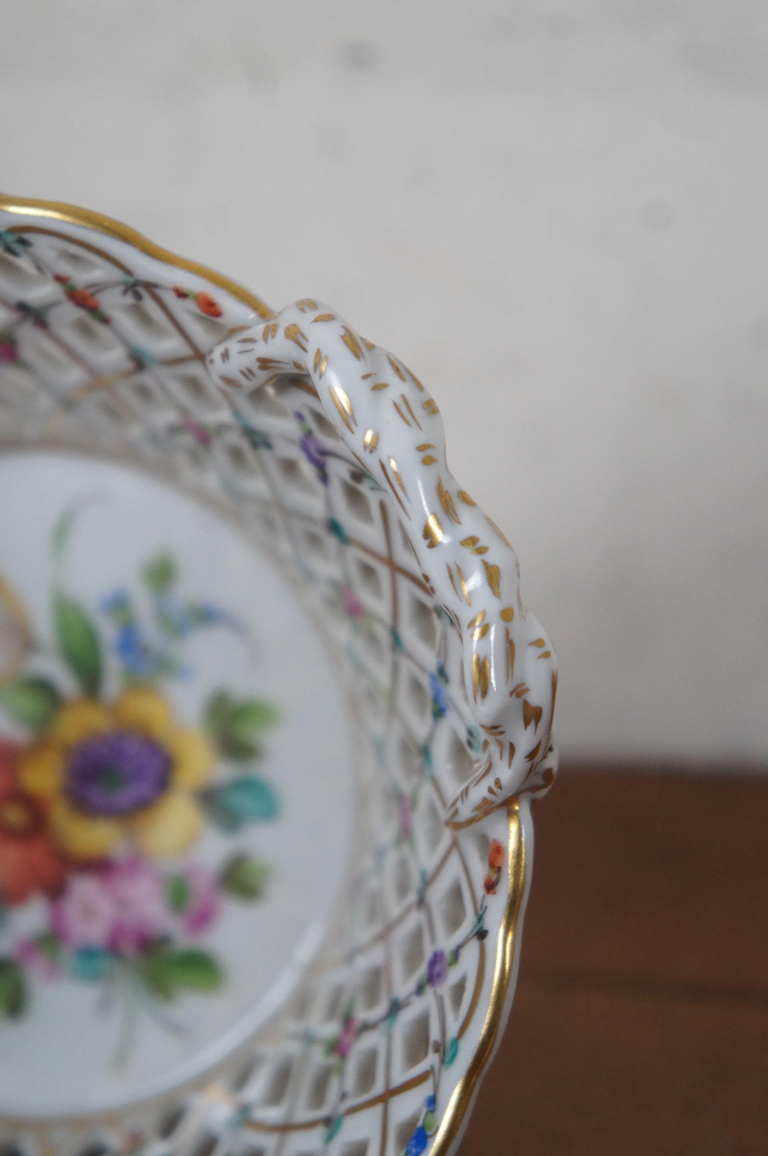 Vintage Dresden Porcelain Hand Painted Reticulated Basket Weave Handled Bowl 6