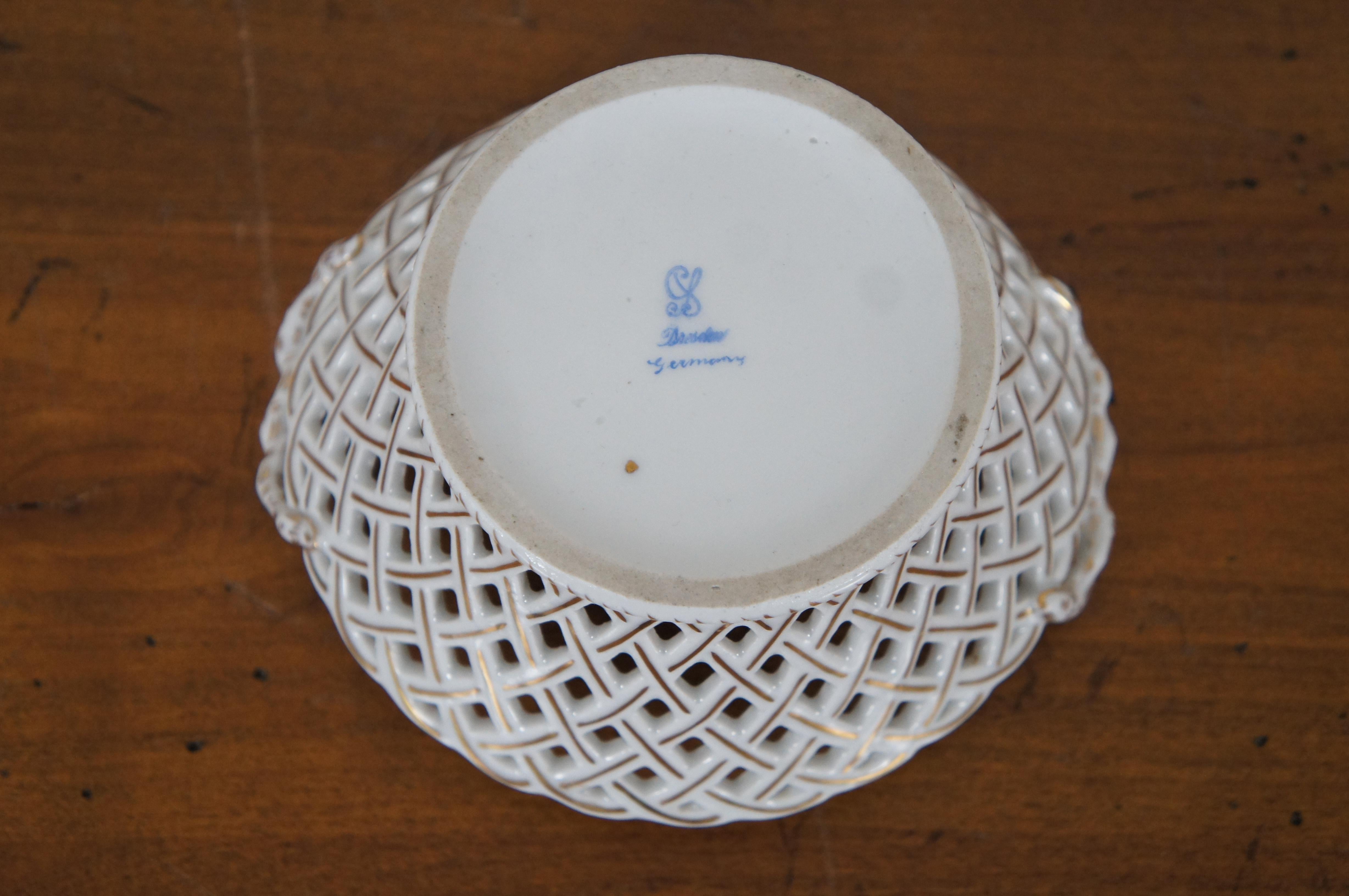 Vintage Dresden Porcelain Hand Painted Reticulated Basket Weave Handled Bowl 6