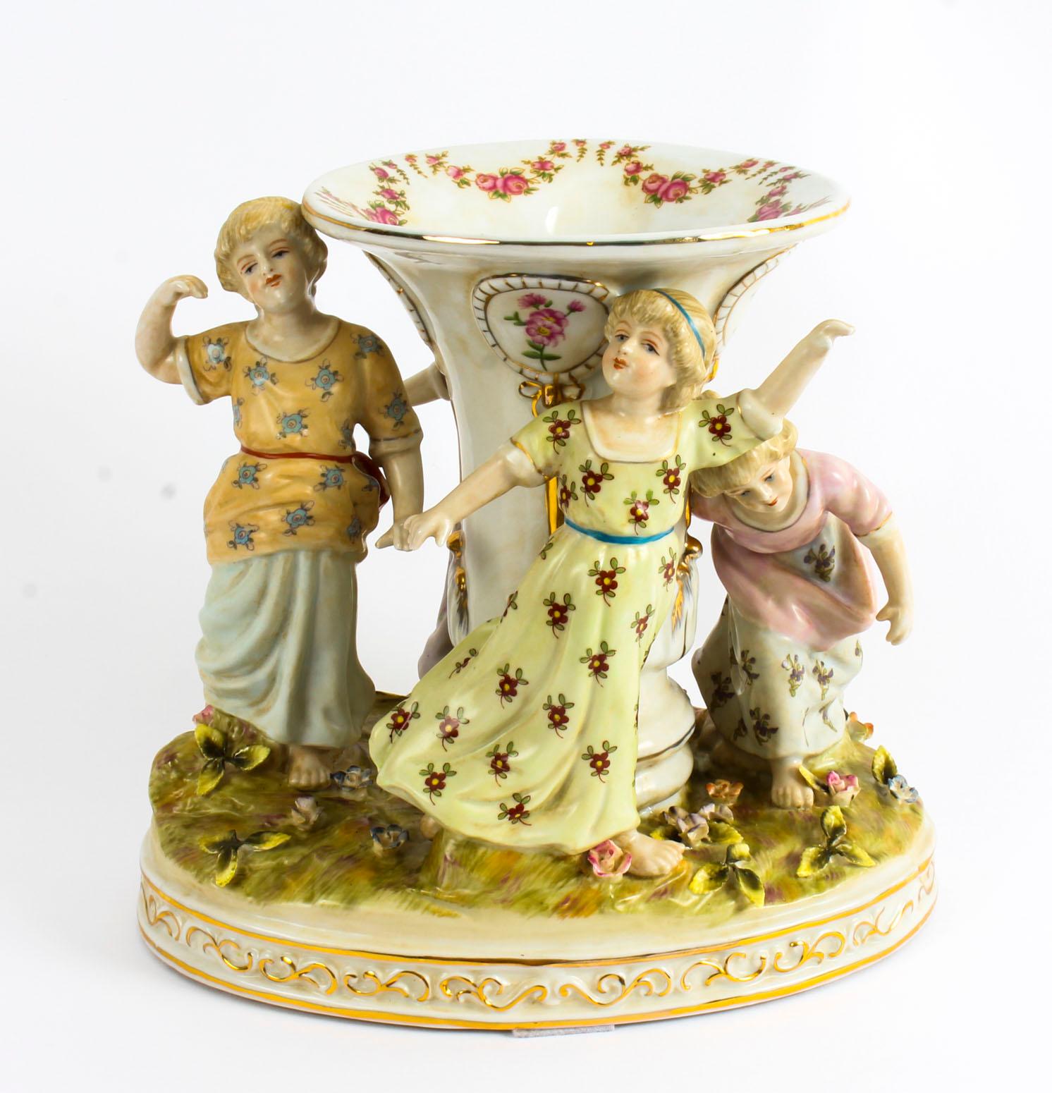 Vintage Dresden Revival Vase Centrepiece Children Dancing Mid 20th C In Good Condition In London, GB