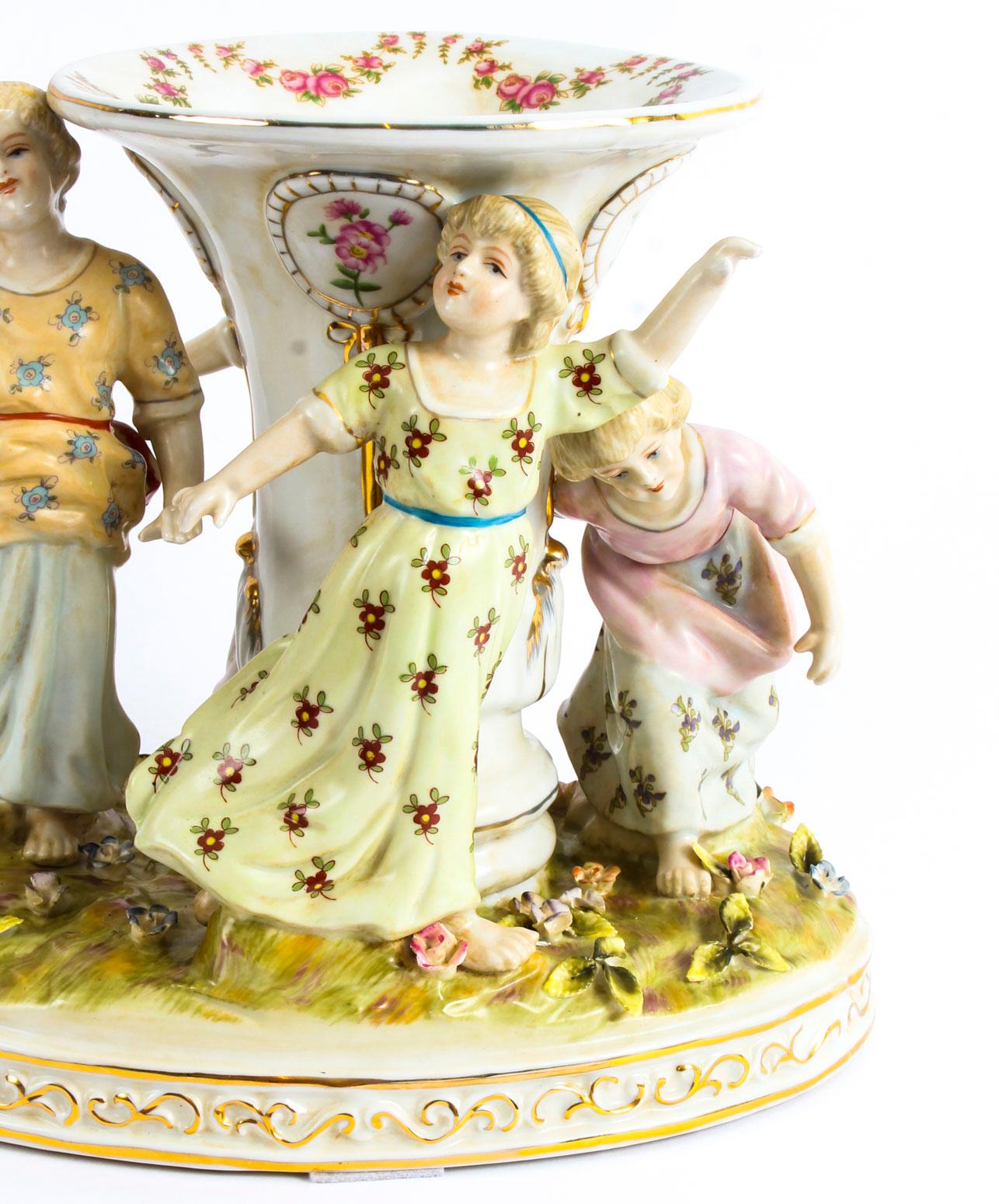 Porcelain Vintage Dresden Revival Vase Centrepiece Children Dancing Mid 20th C