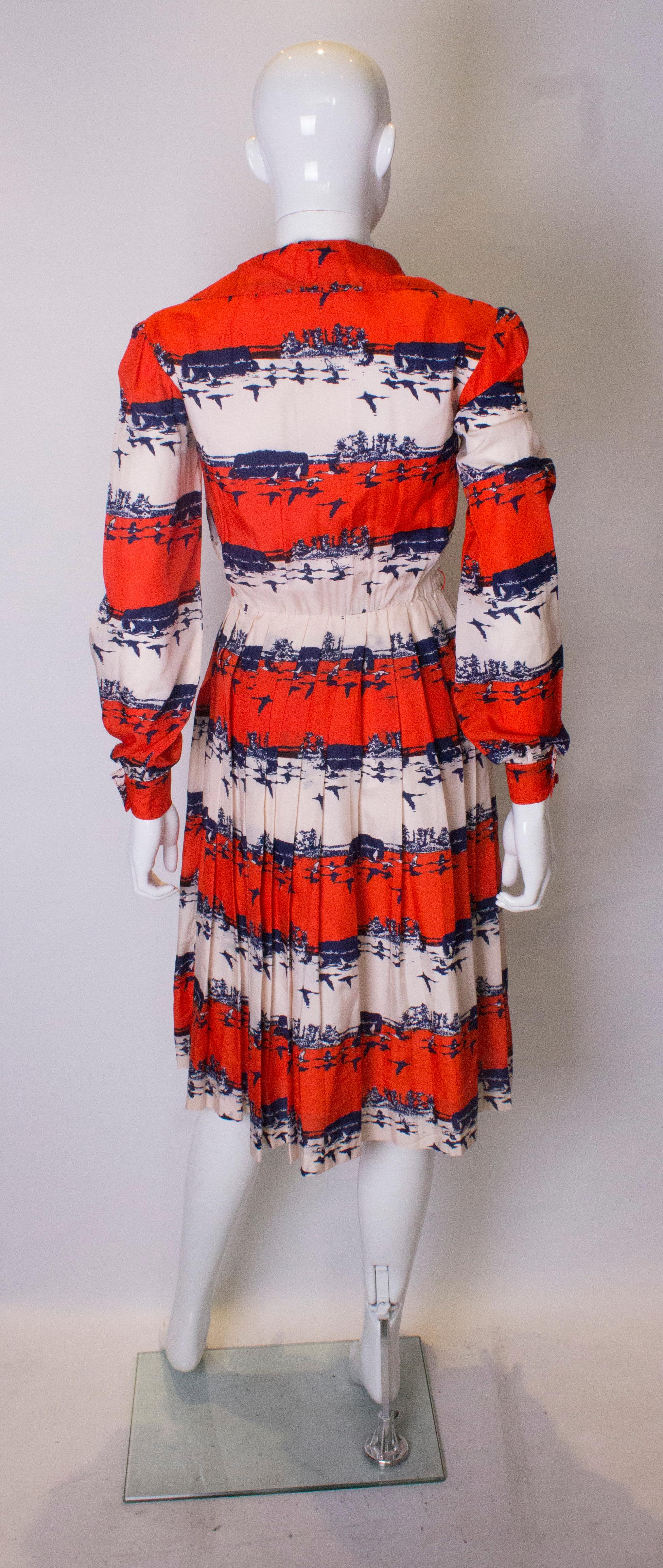 Women's Vintage Dress in Red , White and Blue Bird Print For Sale