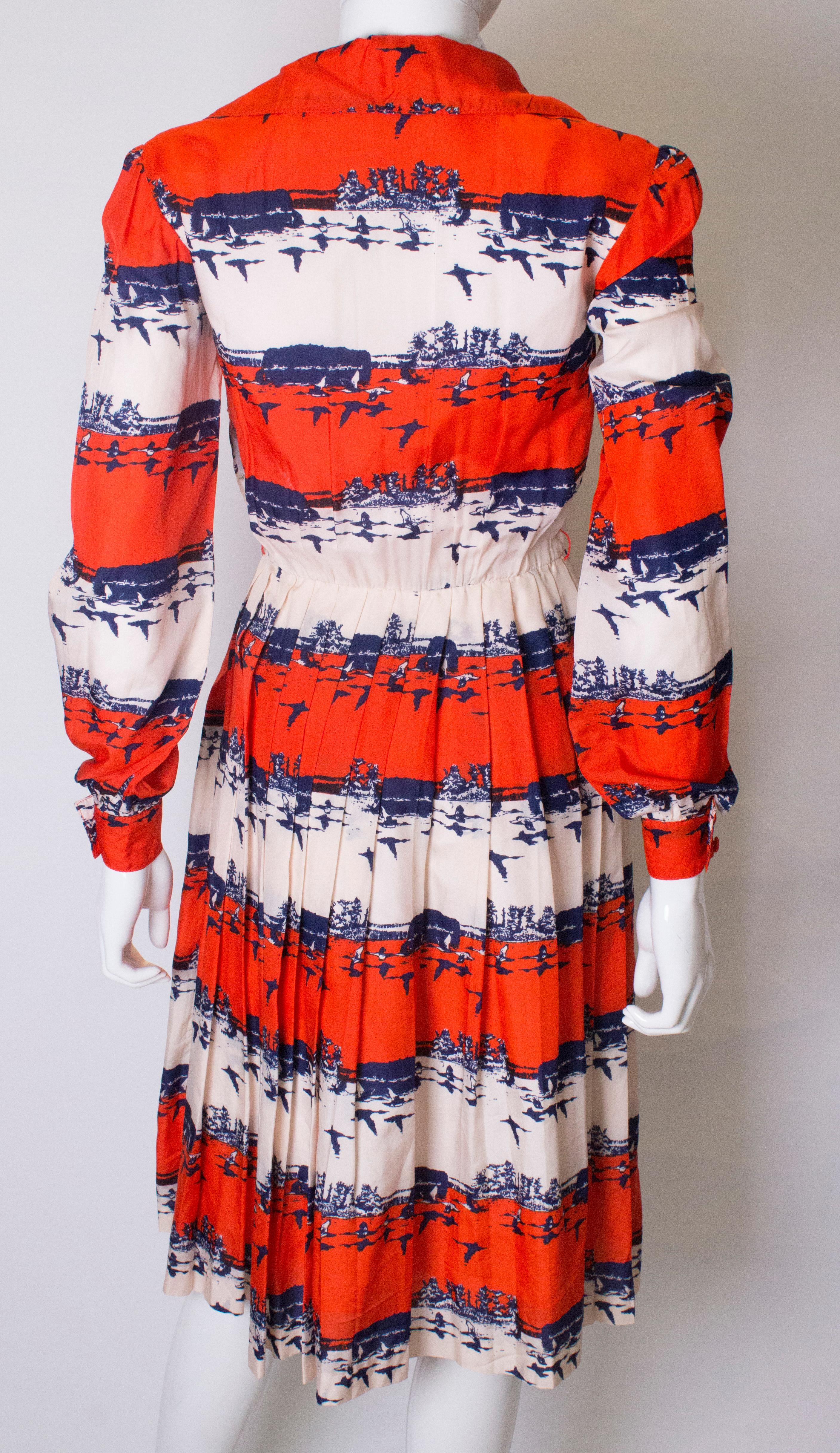 Vintage Dress in Red , White and Blue Bird Print For Sale 1