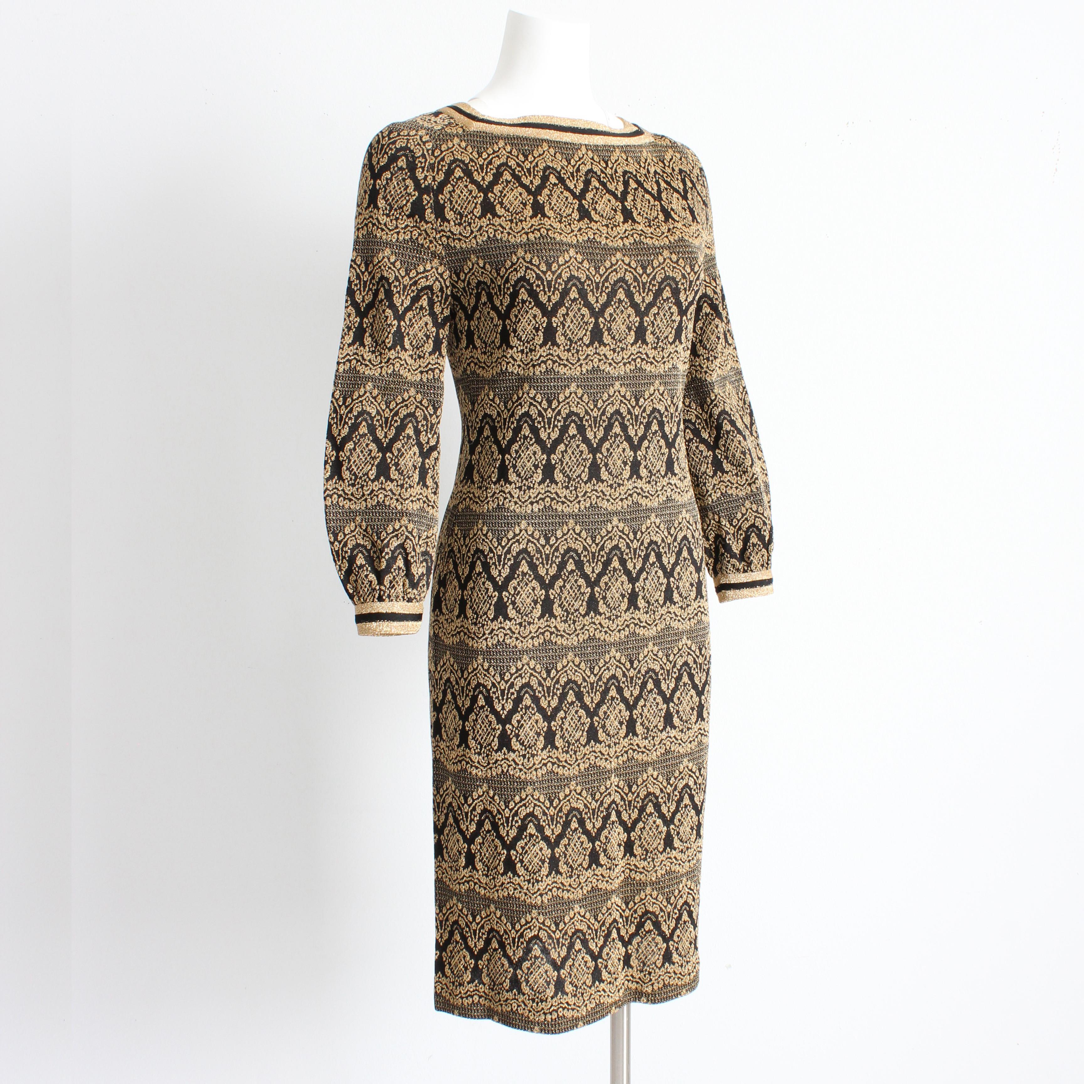 Marron Bobette Imports France - Robe en maille vintage à manches longues en lurex tricot noir et or, taille 10 en vente