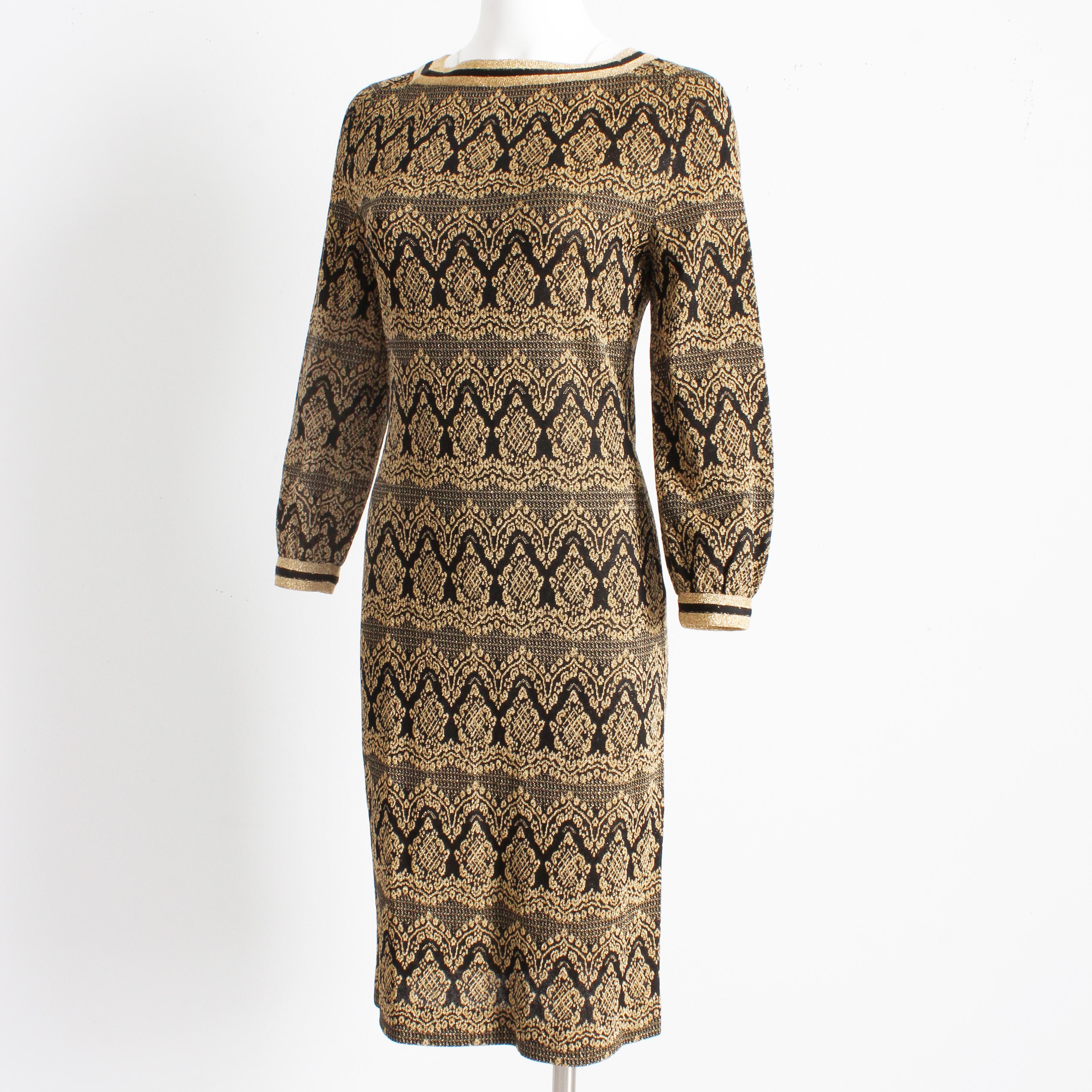 De las mujeres Vestido Vintage Punto Bobette Imports Francia Negro Oro Lurex Tricot Manga Larga 10 en venta
