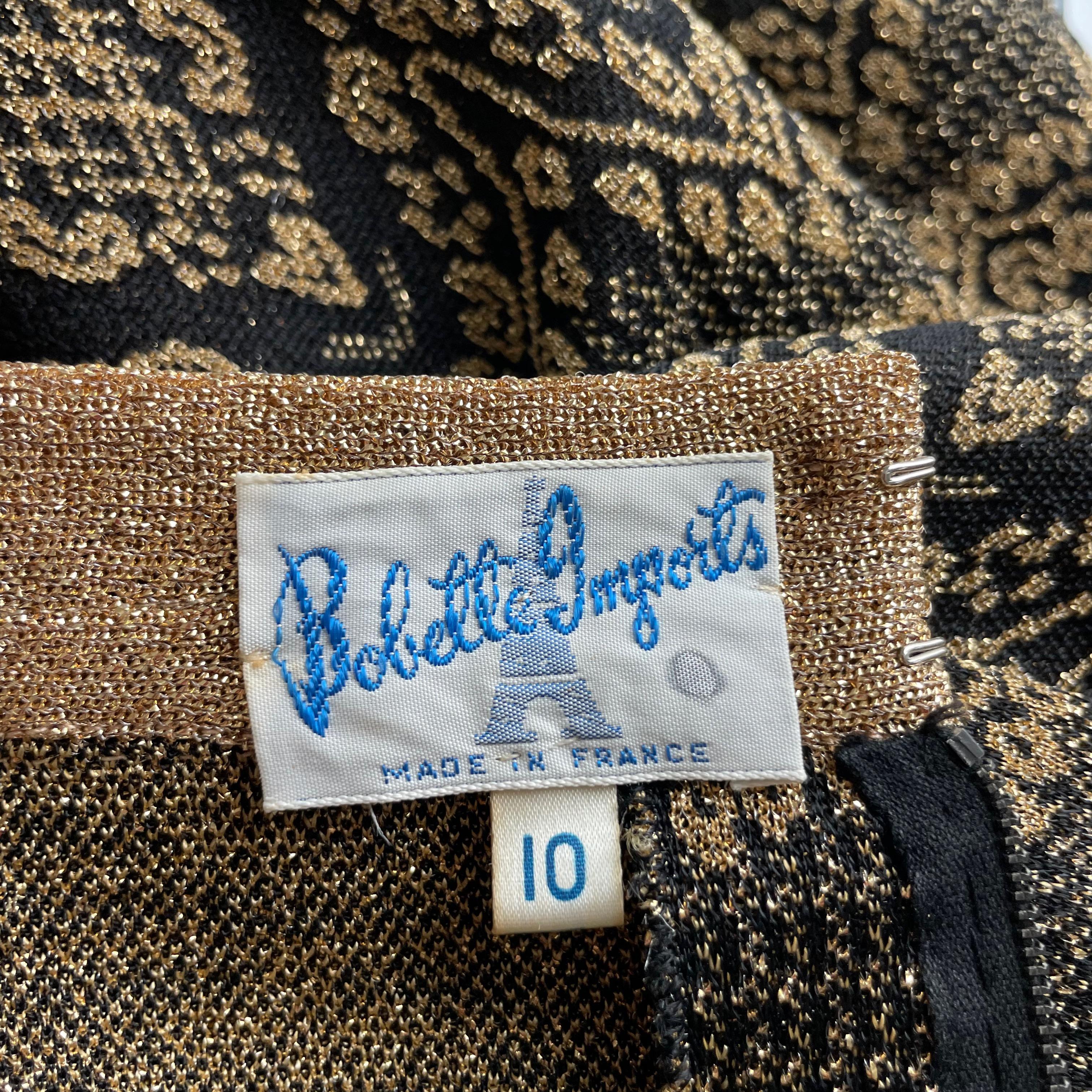 Vintage Dress Knit Bobette Imports France Black Gold Lurex Tricot Long Sleeve 10 For Sale 1