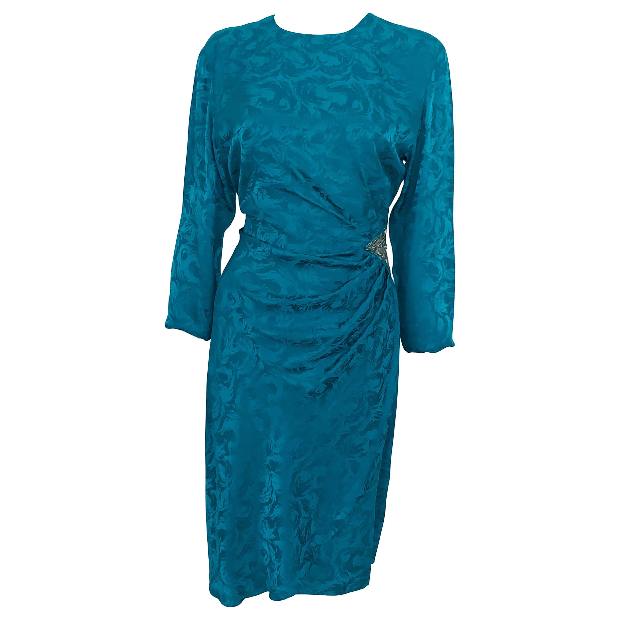 Vintage Dress Silk Turquoise  For Sale