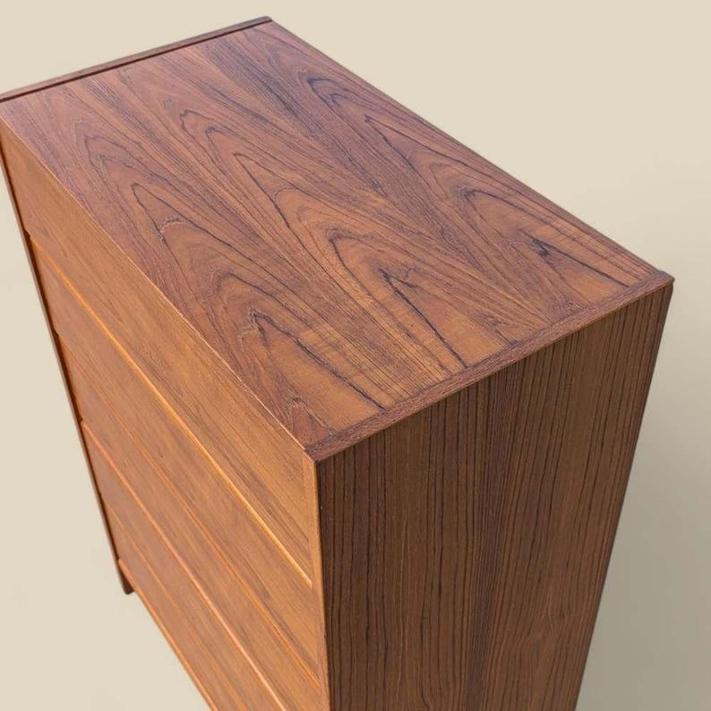 Vintage Dresser, Danish Mid Century, Teak, MCM, Tallboy, Five Drawers, Bedroom For Sale 3