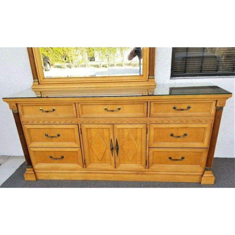 Vintage Dresser with Matching Mirror and Custom Glass Top by Stanley