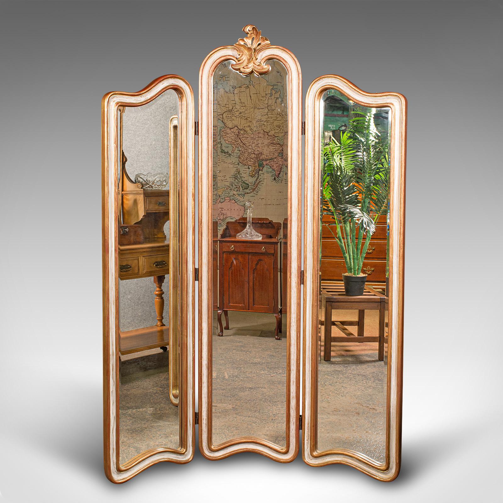 This is a vintage dressing mirror. A Continental, gilt resin 3-panel divider or privacy screen, dating to the late 20th century, circa 1970.

Striking in appearance, with superb mirrors and Italianate detail
Displaying a desirable aged patina