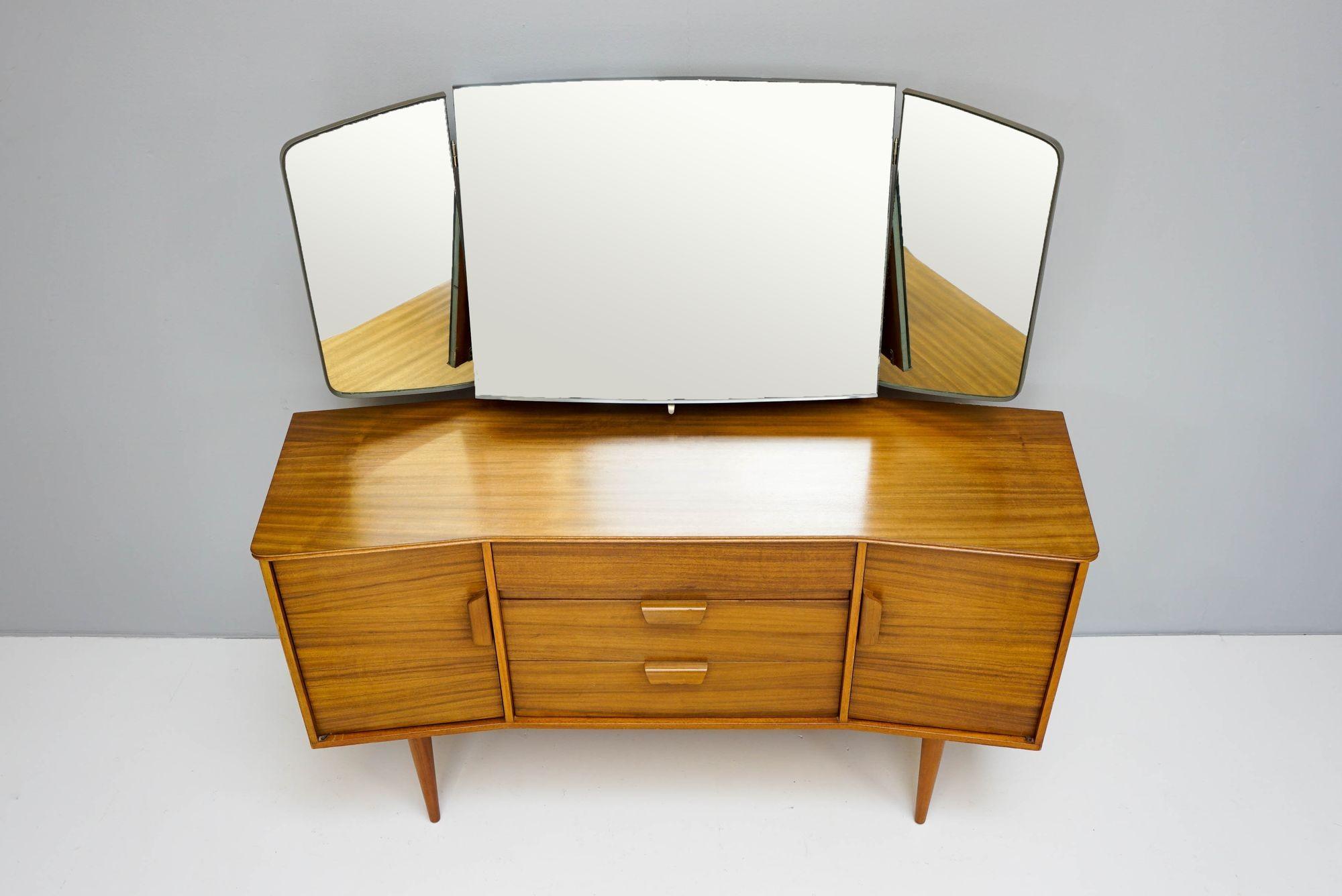 Vintage dressing table by Uniflex, walnut and teak veneer and original glass.