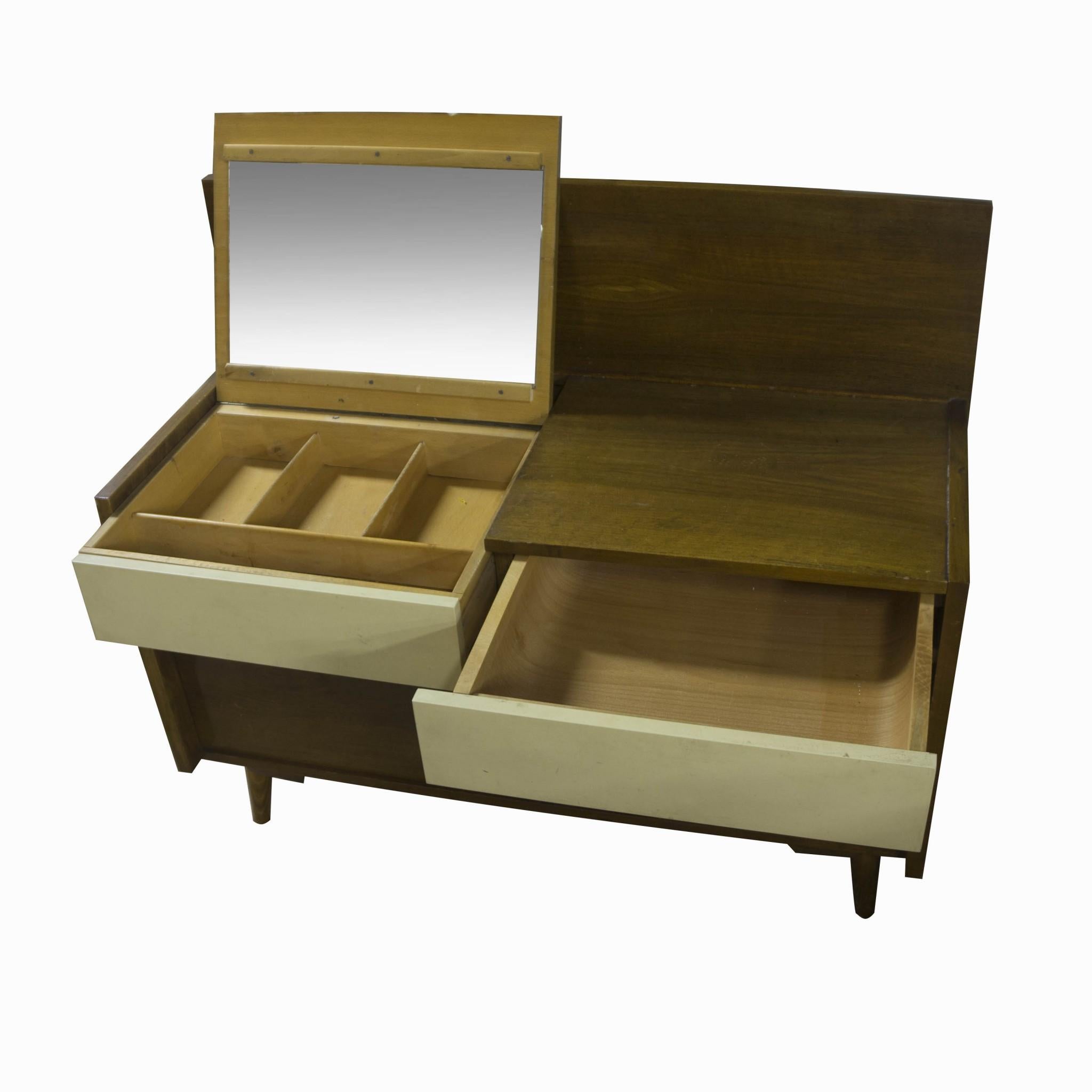 1970s Czechoslovak dressing table. Beechwood, plywood, probably polished elm veneer, lacquered drawers. In very good condition.

 