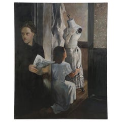 Peinture à l'huile sur toile vintage d'un coiffeur et d'un client