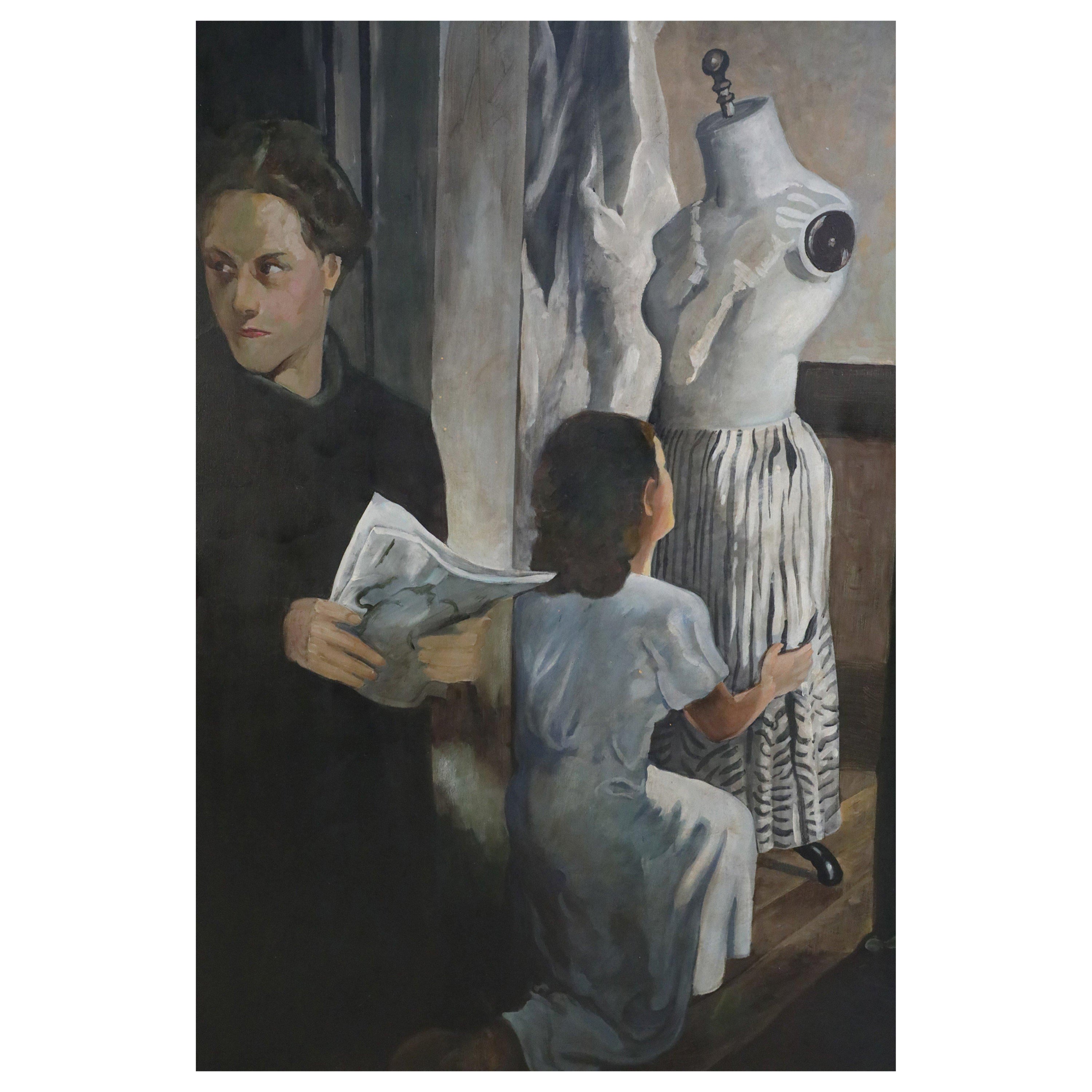 Peinture à l'huile sur toile d'une couturière et d'une cliente d'époque en vente