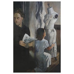 Peinture à l'huile sur toile d'une couturière et d'une cliente d'époque