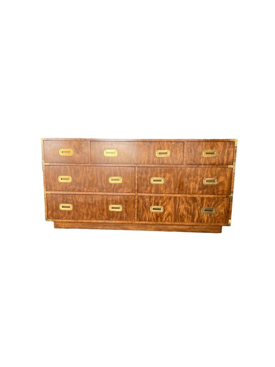 Vintage Drexel campaign 7 drawer dresser cabinet storage with burl veneer. 

Dimensions. 60 W ; 30 H ; 18 D.