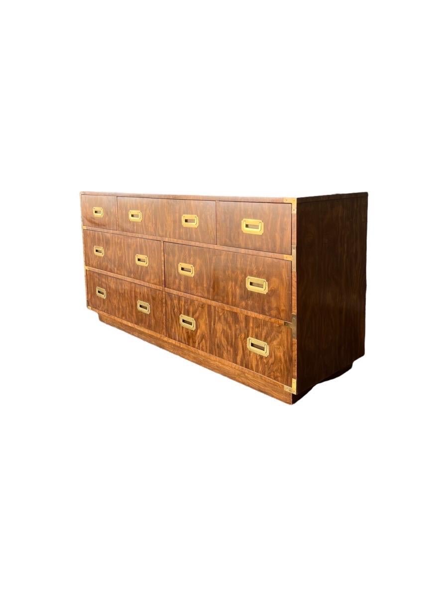 Vintage Drexel Campaign 7 Drawer Dresser Cabinet Storage with Burl Veneer In Good Condition In Seattle, WA