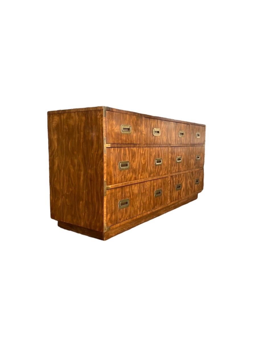 Late 20th Century Vintage Drexel Campaign 7 Drawer Dresser Cabinet Storage with Burl Veneer