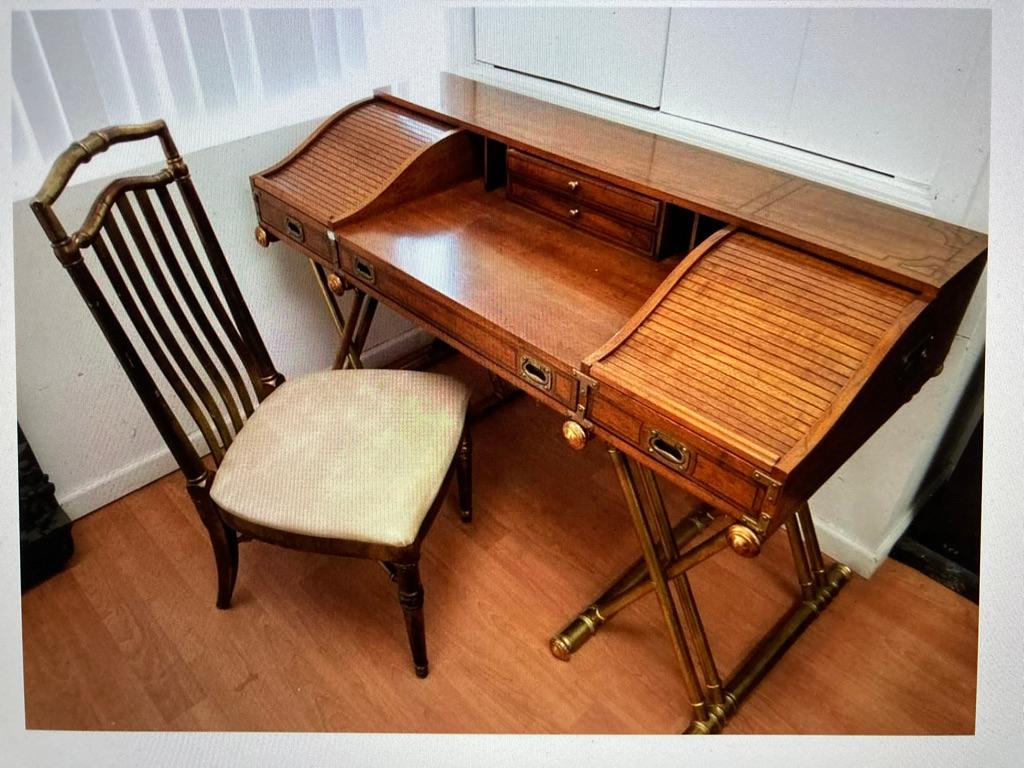Vintage Drexel Campaign Desk And Chair with Gilt X-Base Legs, Roll Top For Sale 2