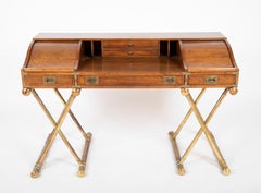 Vintage Drexel Campaign Desk And Chair with Gilt X-Base Legs, Roll Top