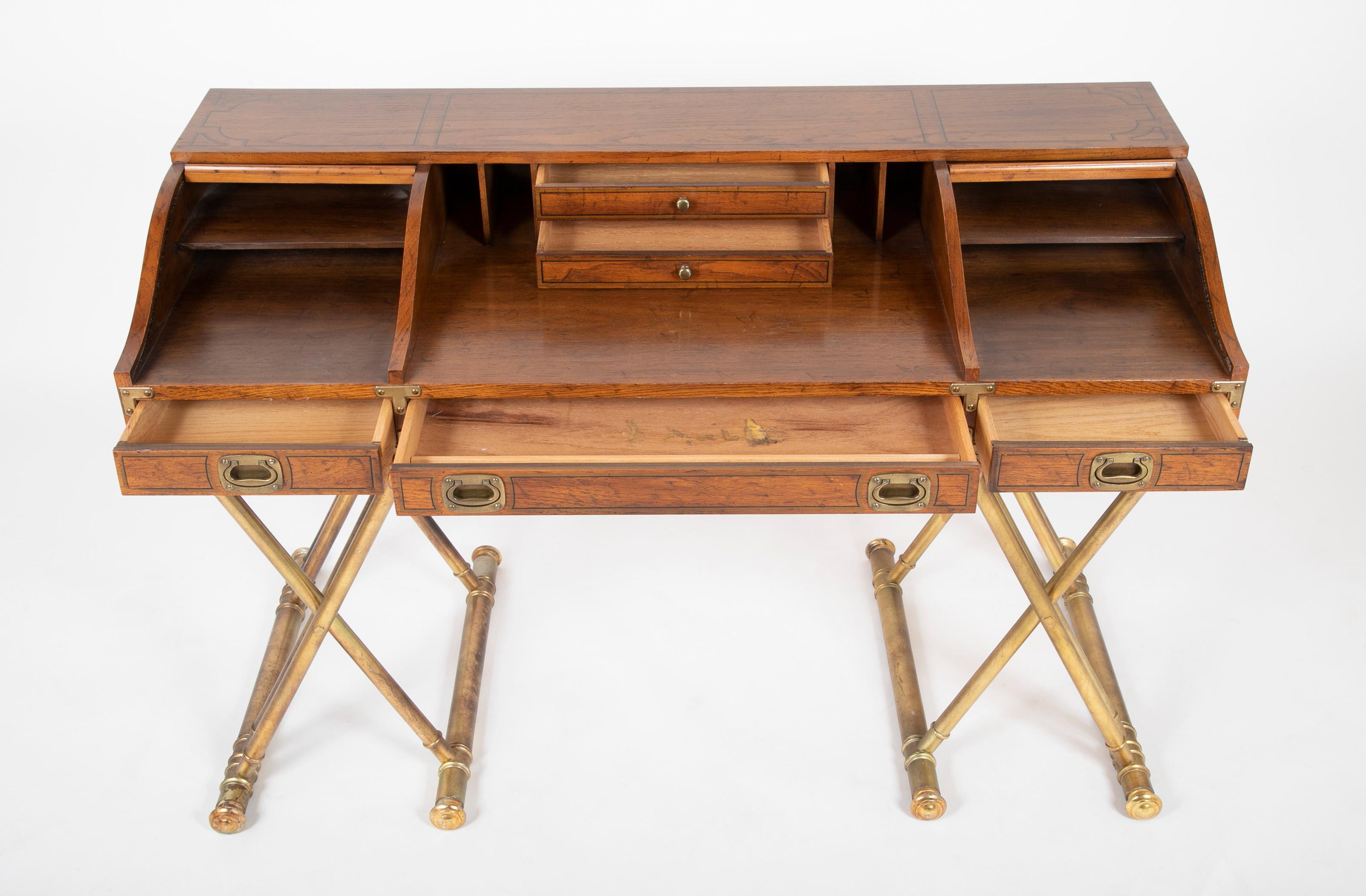 American Vintage Drexel Campaign Desk And Chair with Gilt X-Base Legs, Roll Top For Sale