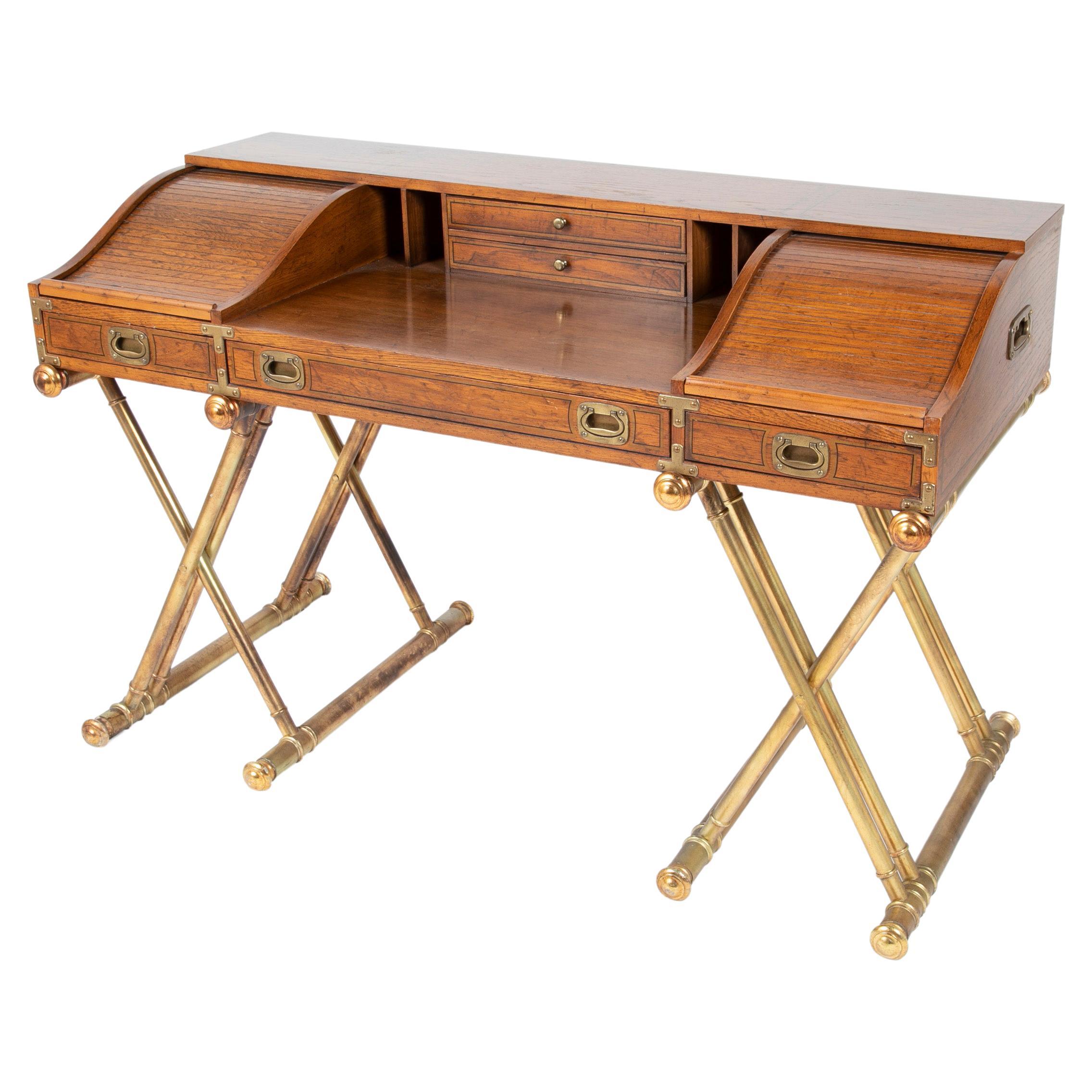 Vintage Drexel Campaign Desk And Chair with Gilt X-Base Legs, Roll Top For Sale