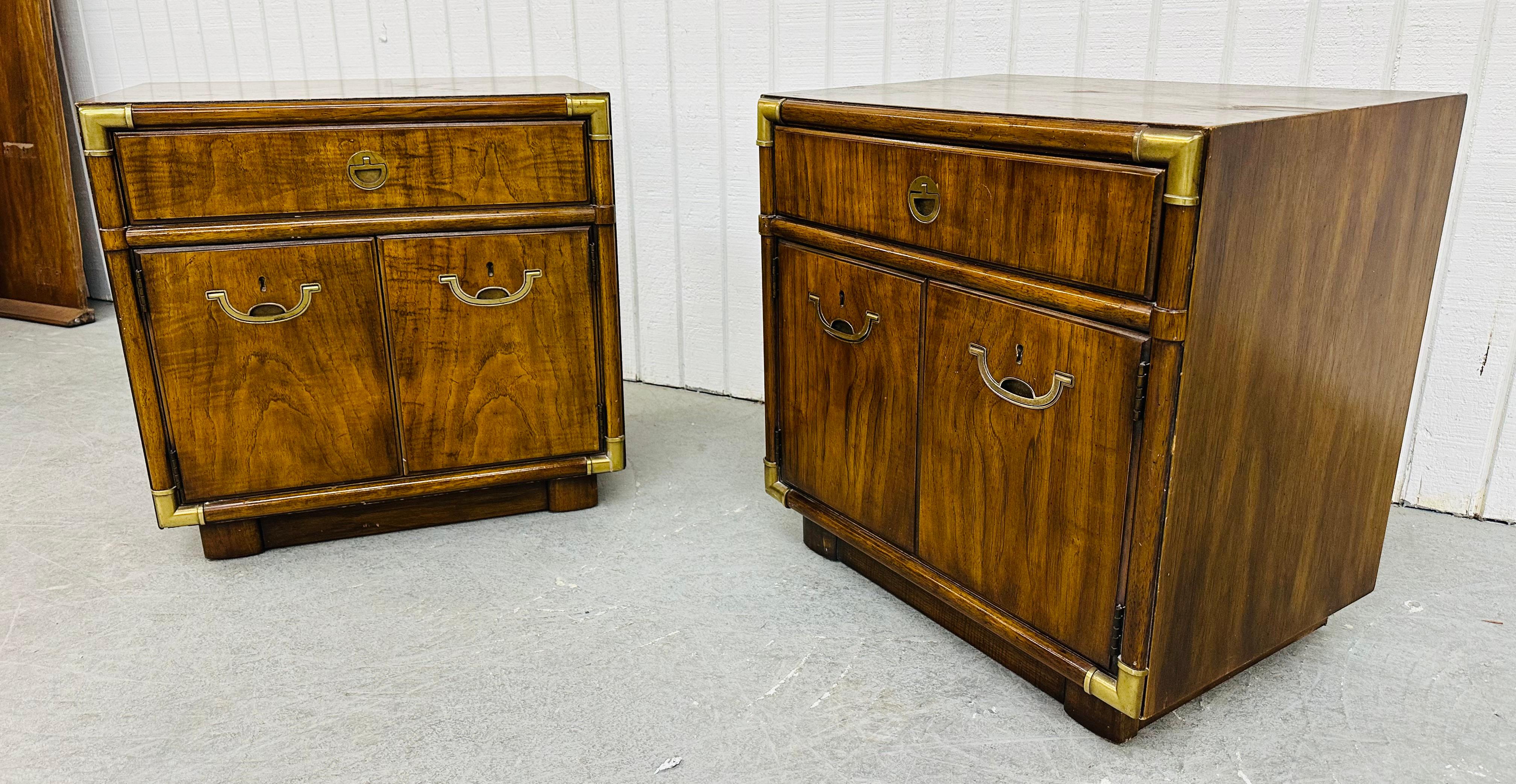 Mid-Century Modern Vintage Drexel Campaign Style Walnut Nightstands - Set of 2