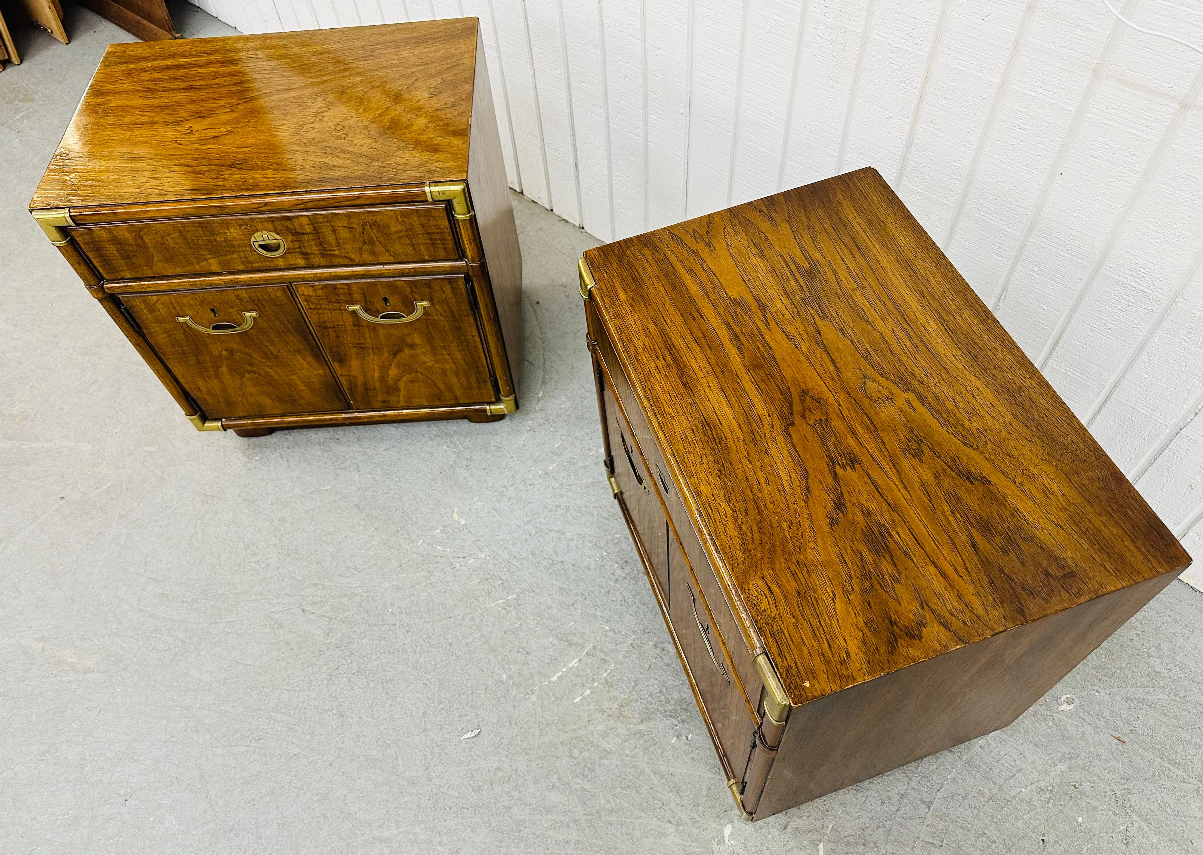 American Vintage Drexel Campaign Style Walnut Nightstands - Set of 2