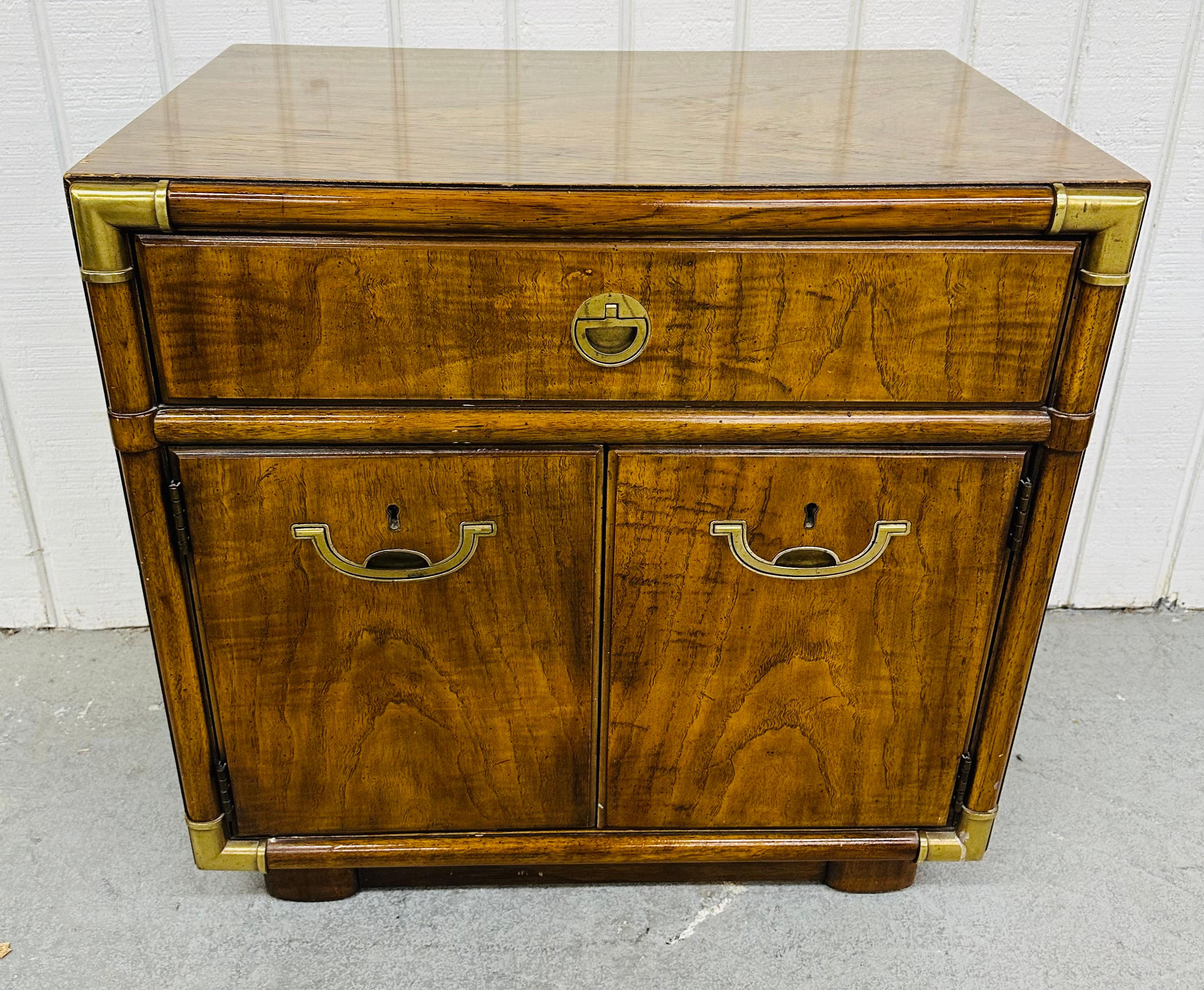 Vintage Drexel Campaign Style Walnut Nightstands - Set of 2 In Good Condition In Clarksboro, NJ