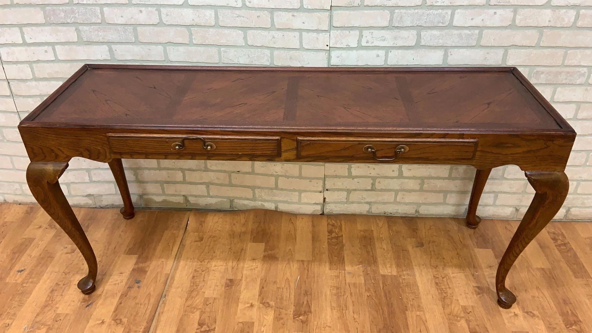Vintage Drexel Chatham Oaks Collection Chippendale Style Oak Console Table Desk For Sale 1