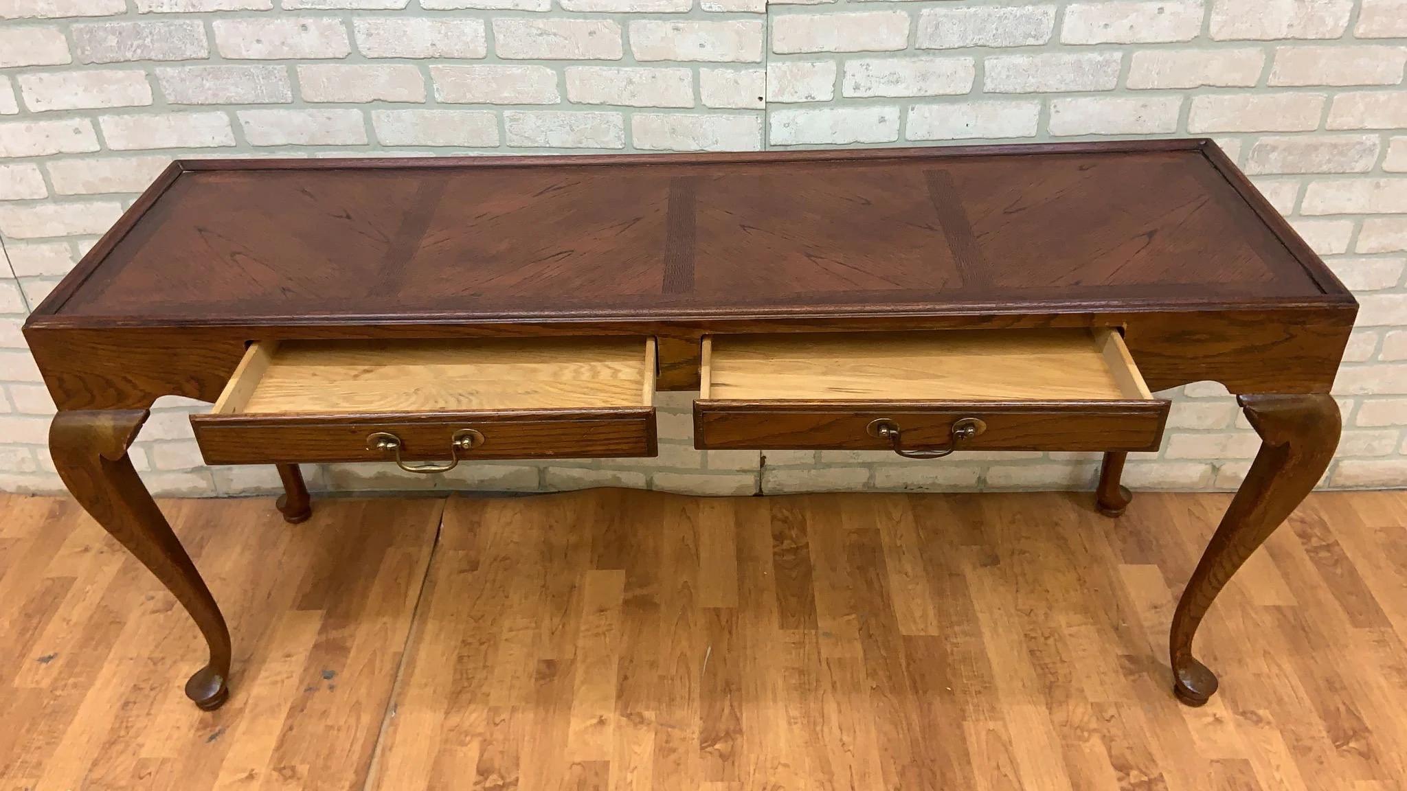 Vintage Drexel Chatham Oaks Collection Chippendale Style Oak Console Table Desk For Sale 2