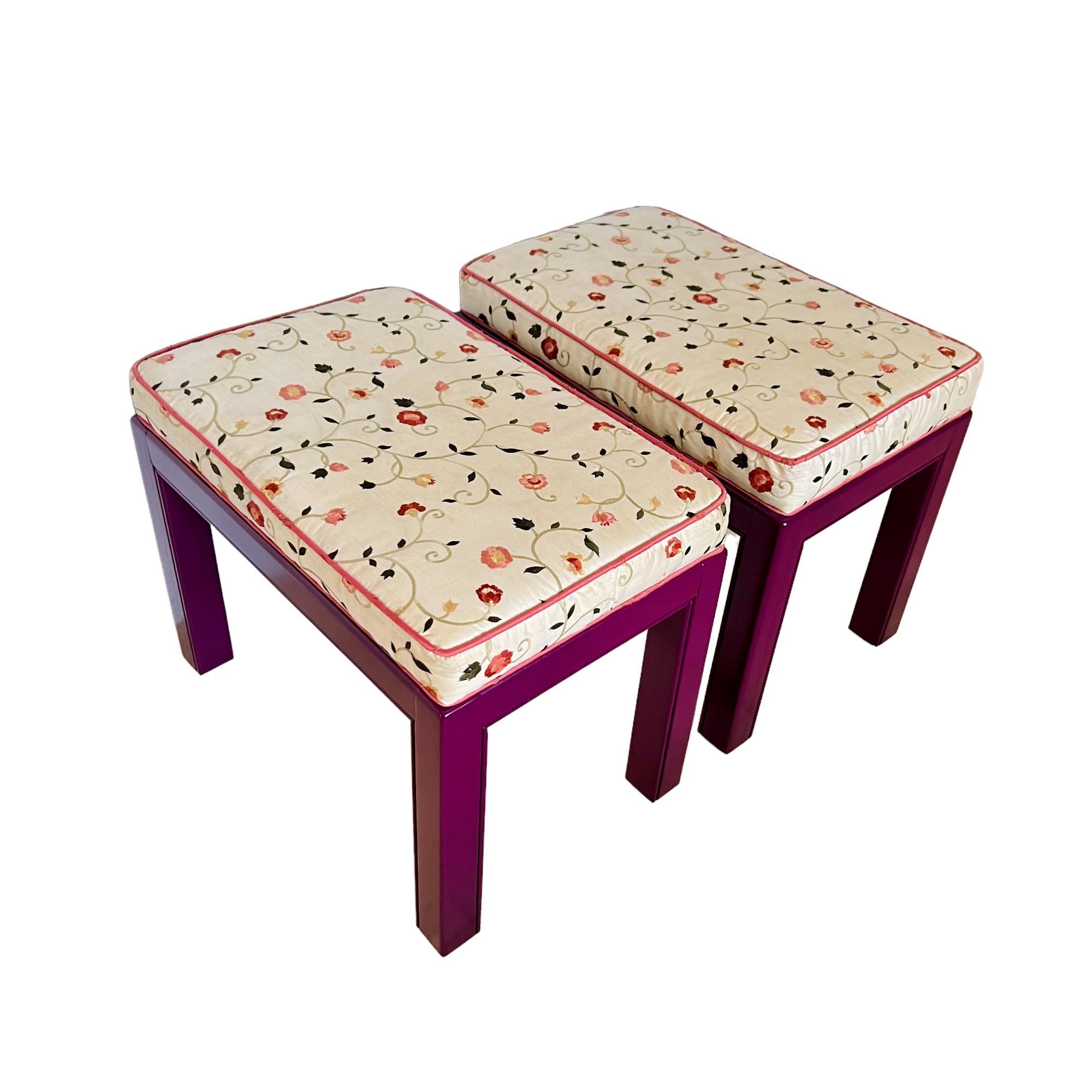 American Drexel Chippendale Upholstered Aubergine Benches, a Pair