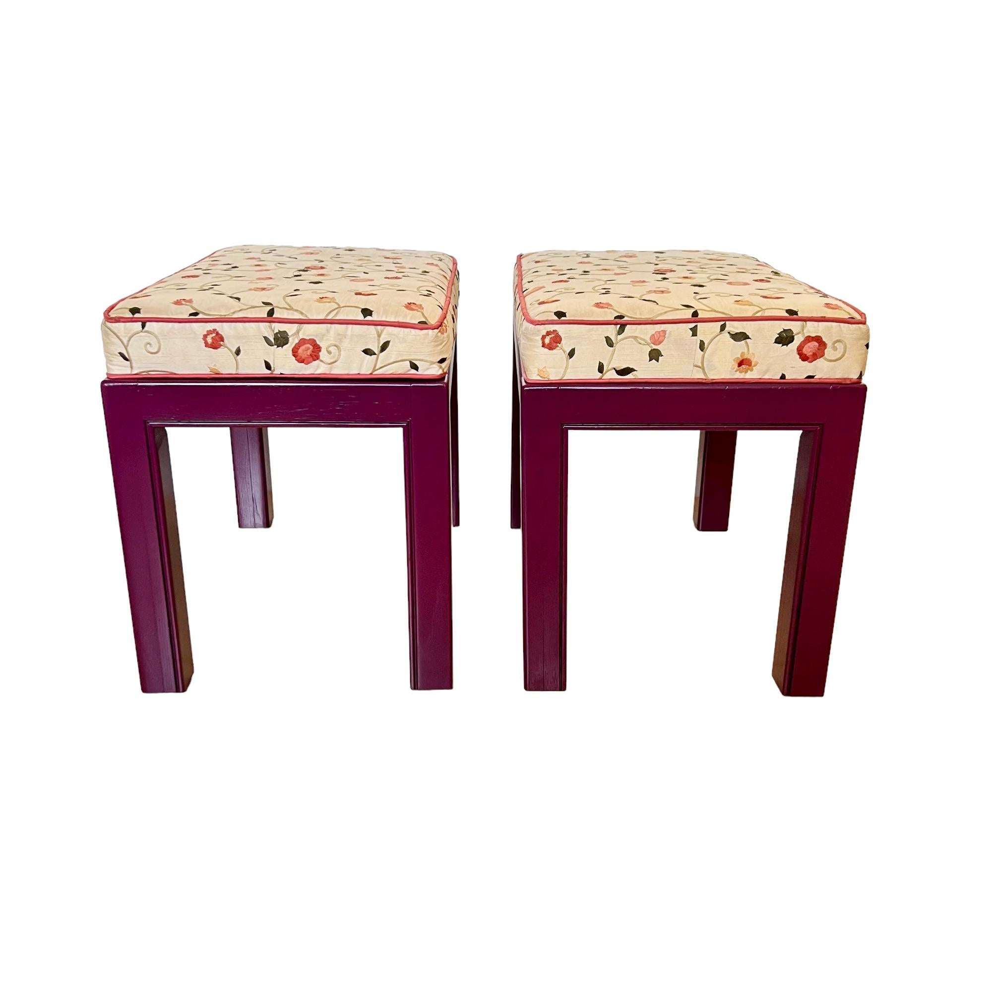 Carved Drexel Chippendale Upholstered Aubergine Benches, a Pair