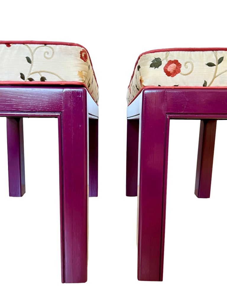 Drexel Chippendale Upholstered Aubergine Benches, a Pair For Sale 2