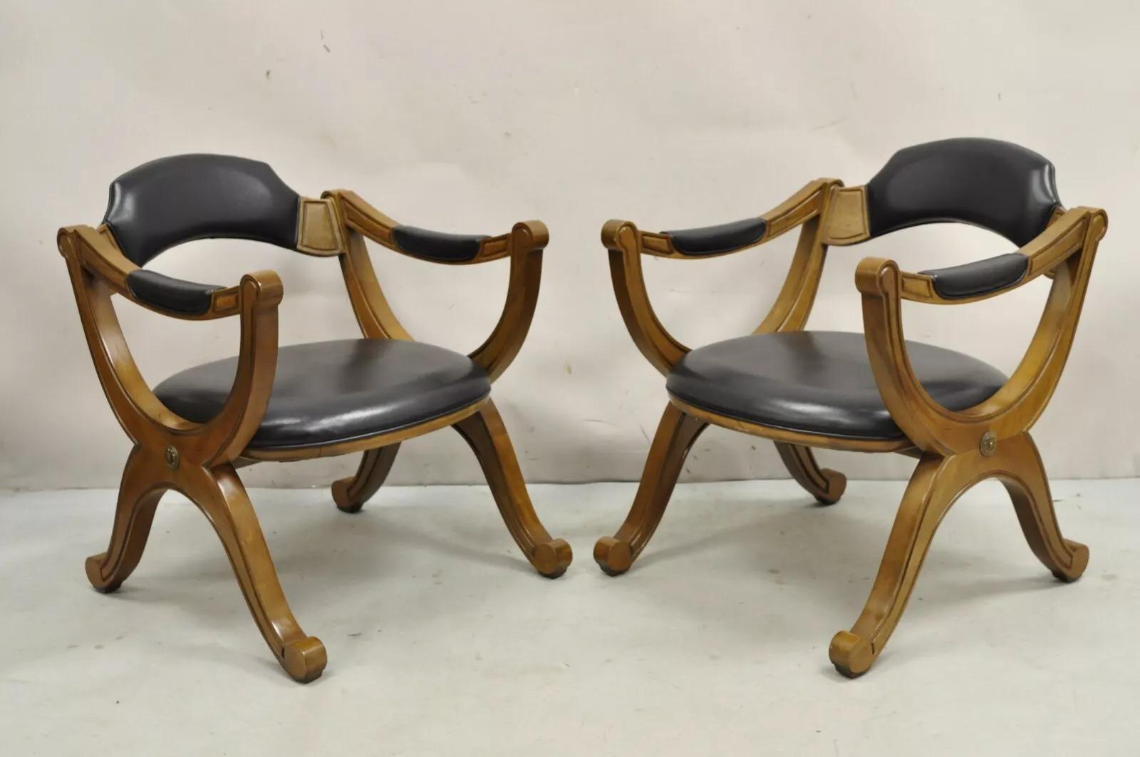 Vintage Drexel Esperanto Mid Century Spanish Style Curule Game Chairs with Original Black Vinyl Upholstery- Set of 6. Circa Mid 20th Century. Measurements: 28.5