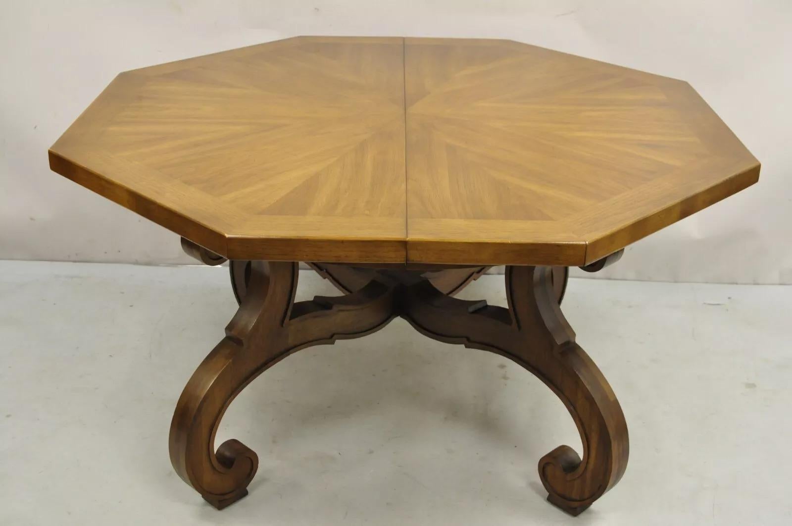 Vintage Drexel Esperanto Mid Century Walnut Spanish Style Octagonal Dining Table with (2) 12