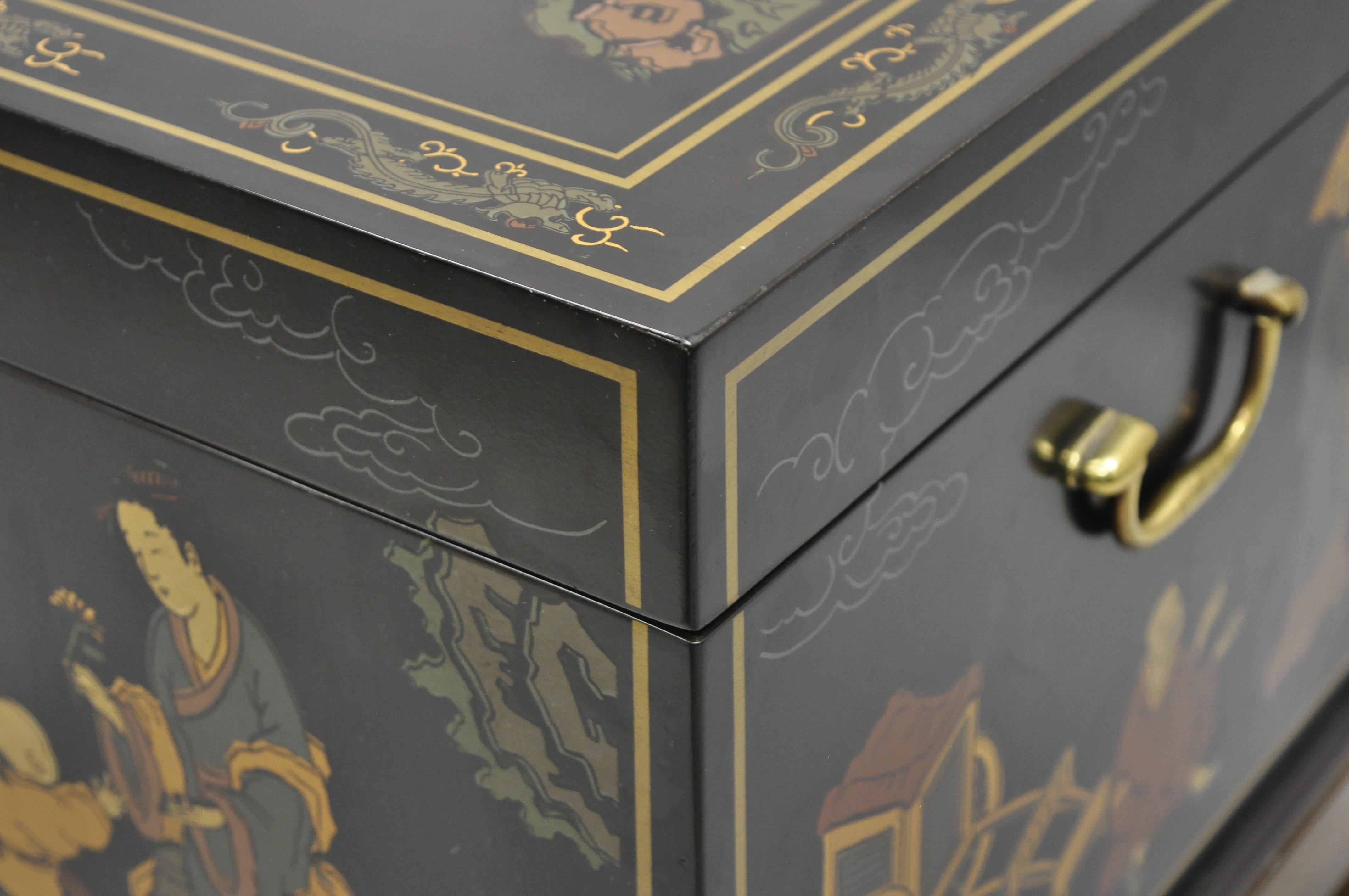 Vintage Drexel Et Cetera Black Chinoiserie Oriental Storage Trunk Chest In Good Condition In Philadelphia, PA