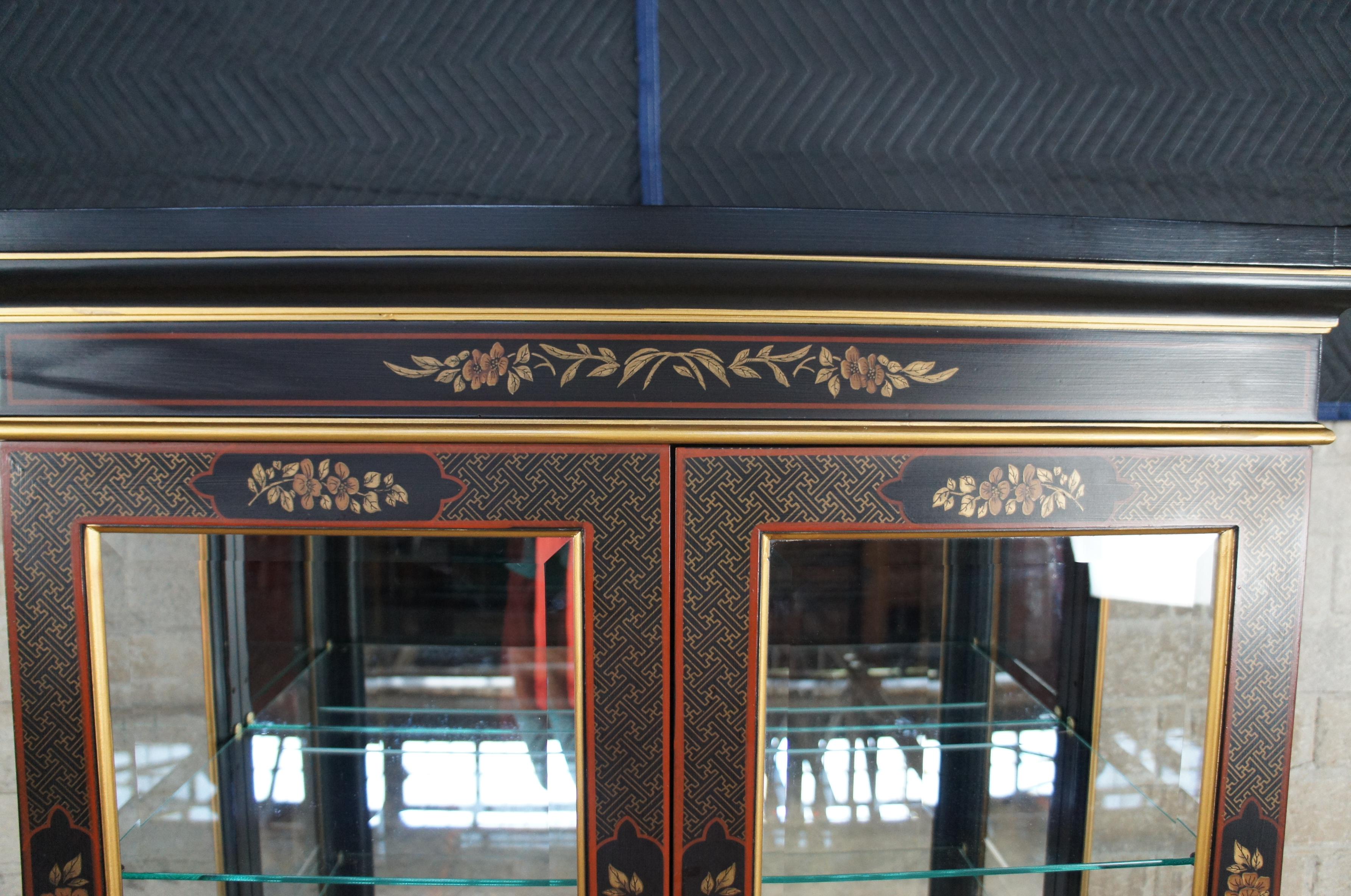 Glass Vintage Drexel Et Cetera Chinoiserie Black Lacquer Pagoda Curio Display Cabinet
