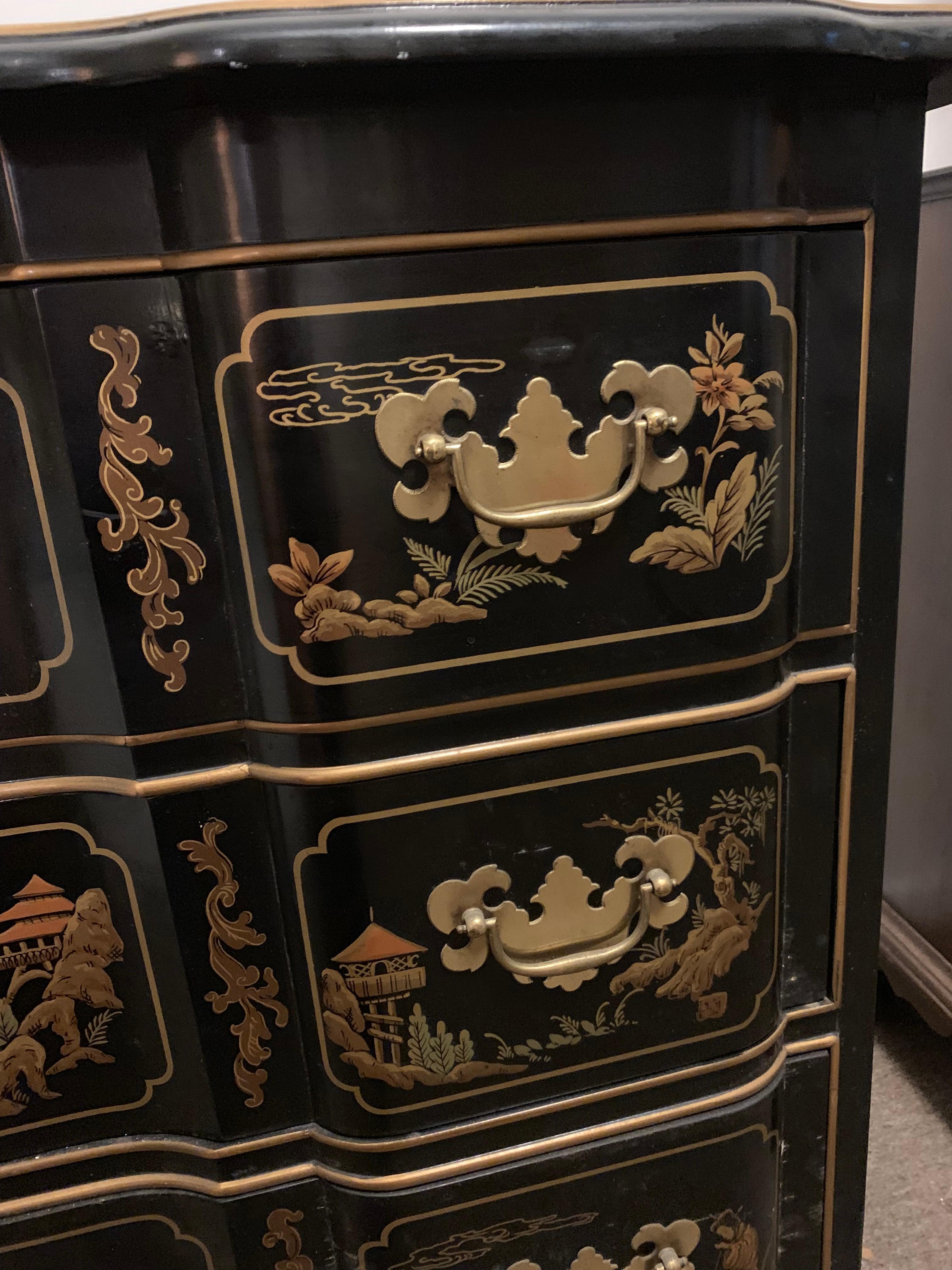 American Vintage Drexel Hand Painted Black Chinoiserie Three-Drawer Dresser or Nightstand For Sale