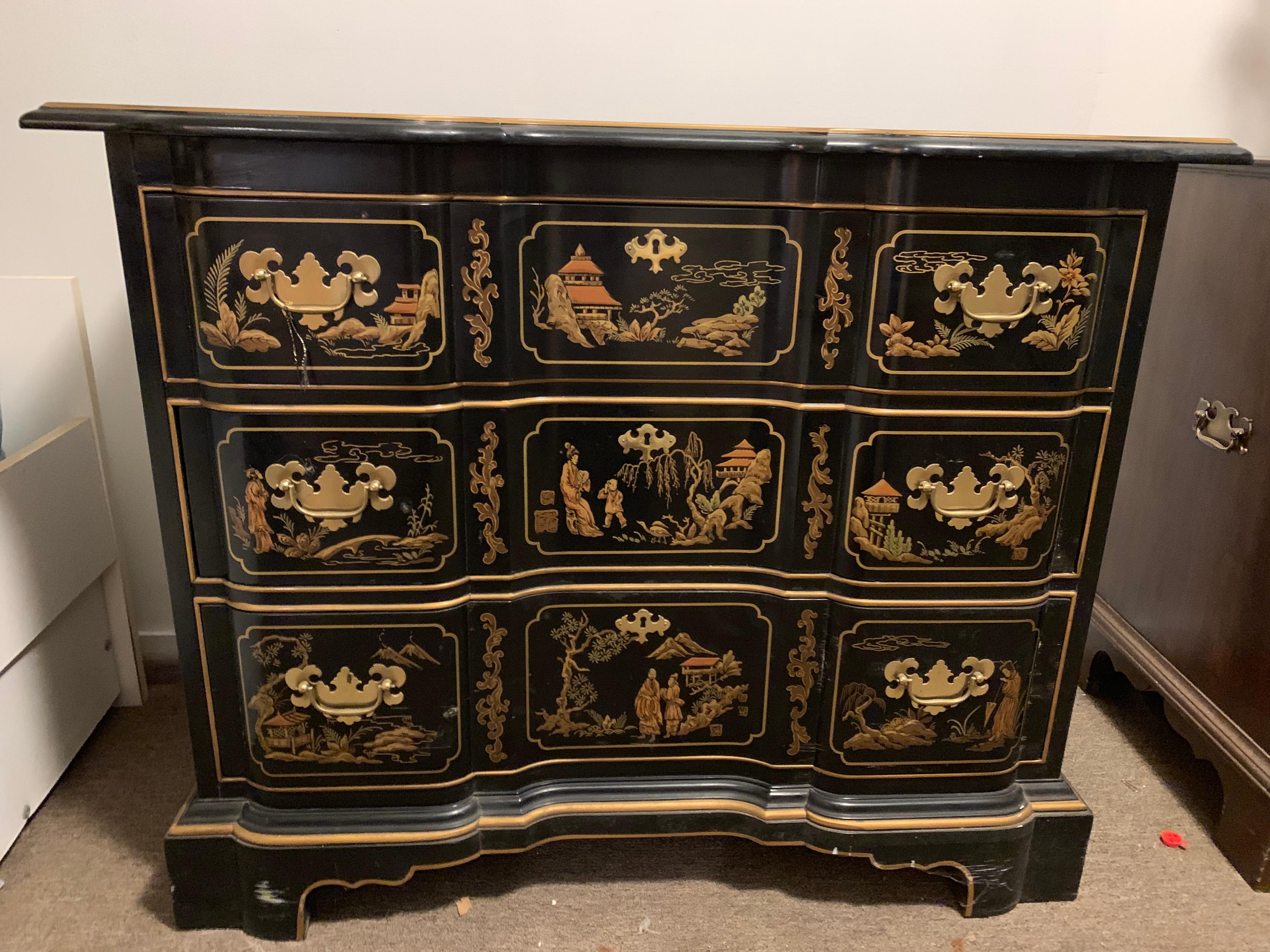 Hand-Crafted Vintage Drexel Hand Painted Black Chinoiserie Three-Drawer Dresser or Nightstand For Sale