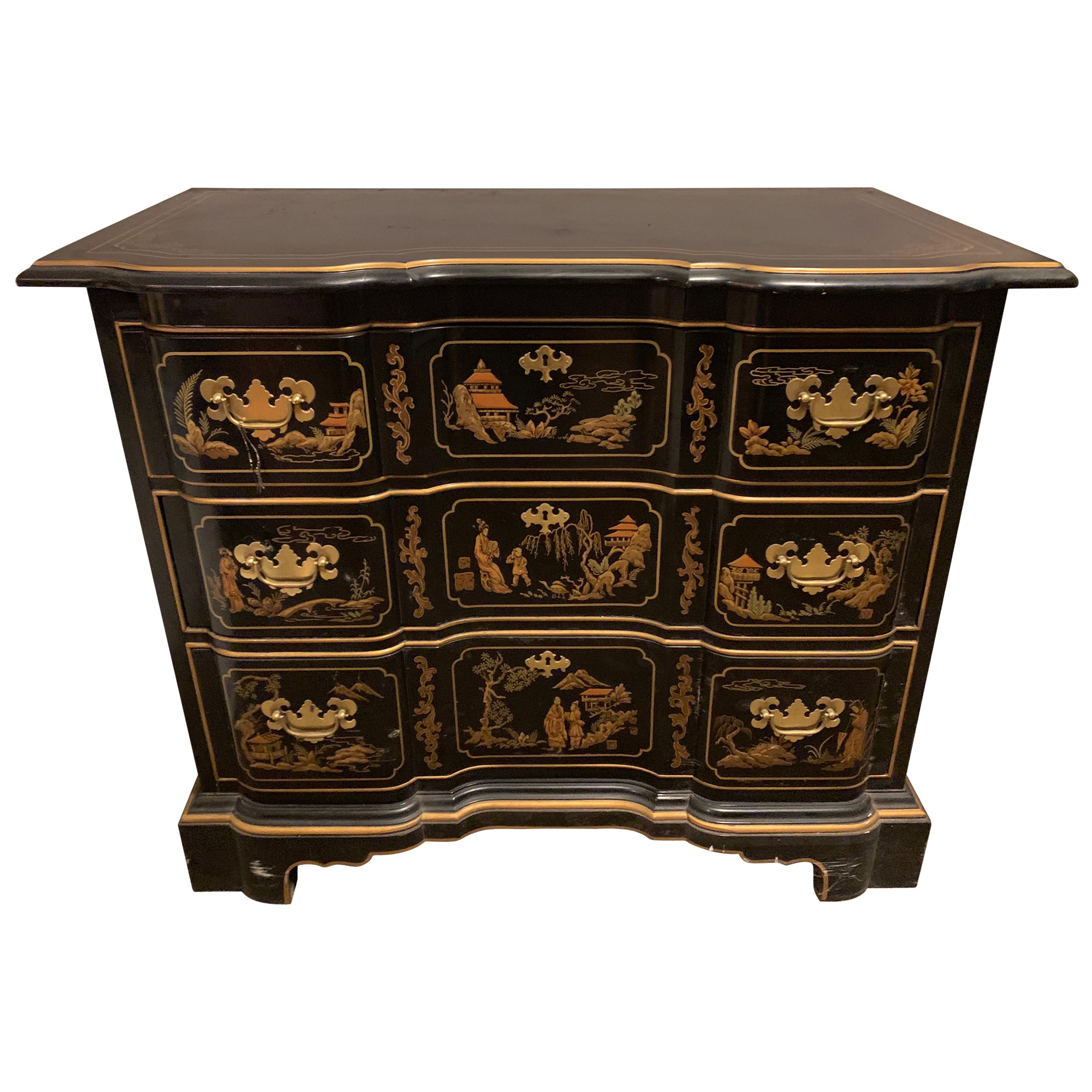 Vintage Drexel Hand Painted Black Chinoiserie Three-Drawer Dresser or Nightstand For Sale