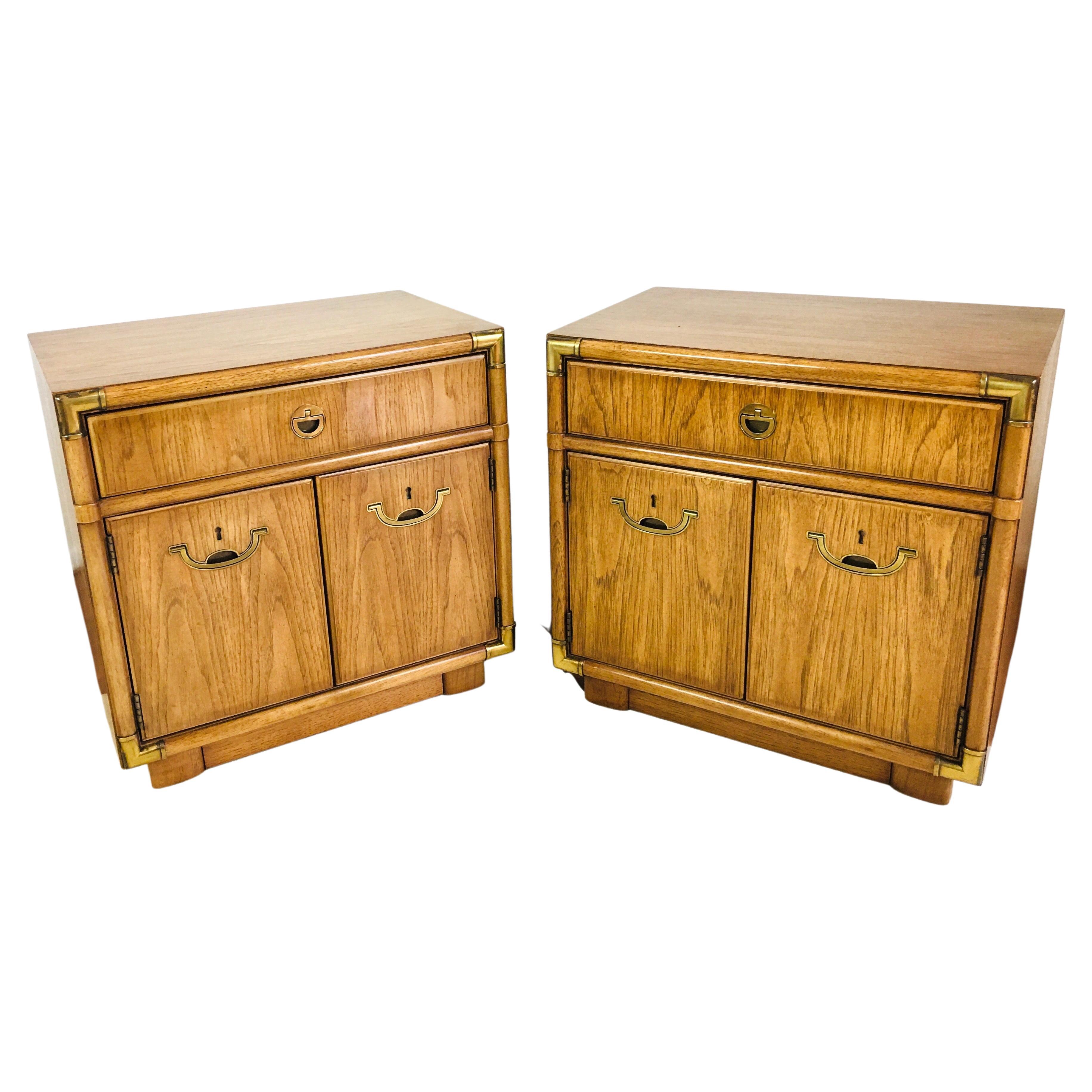 Vintage Drexel Heritage Campaign Style Pair Nightstands End Tables