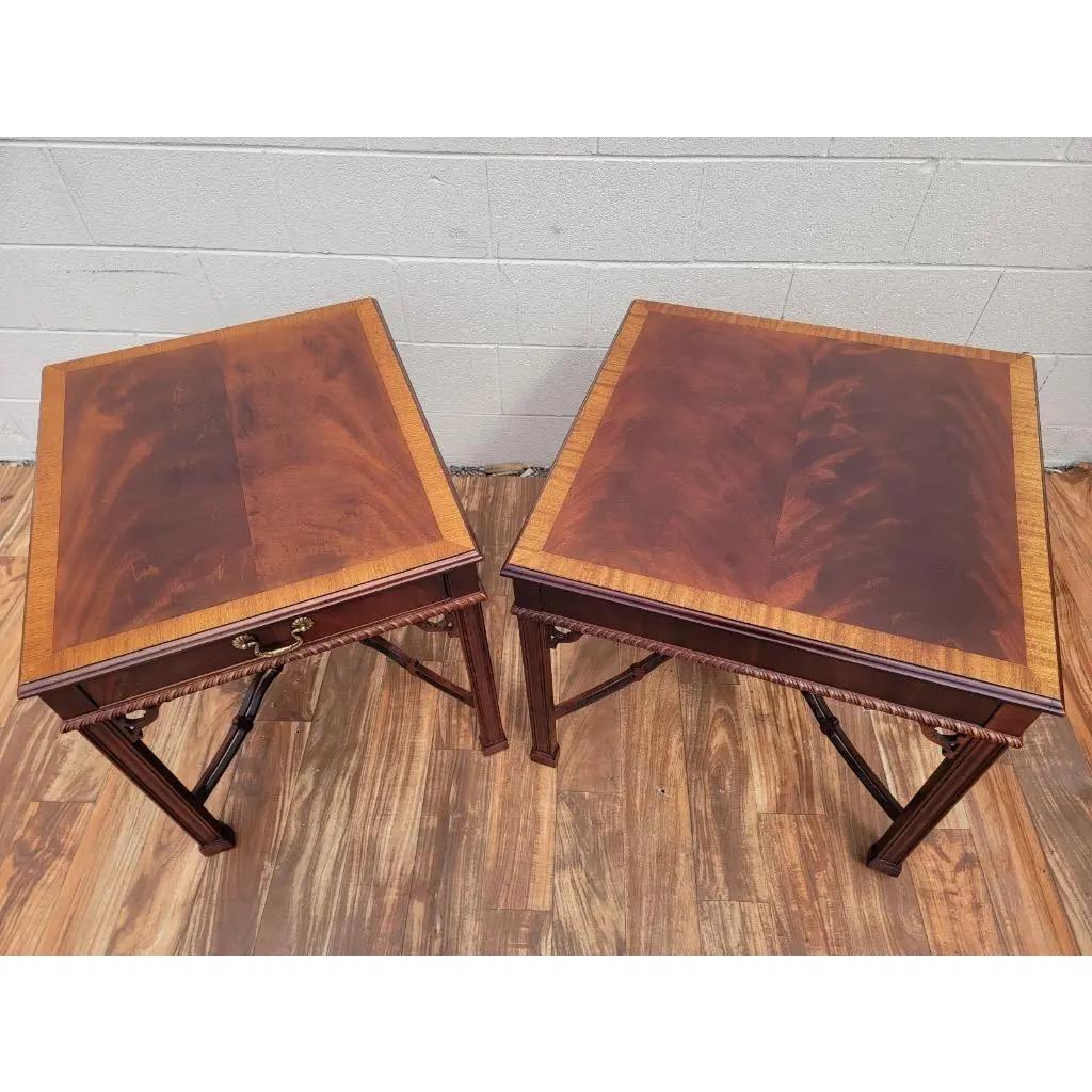 Mahogany Vintage Drexel Heritage Chippendale Banded-Top Accent Tables - Set of 2 For Sale