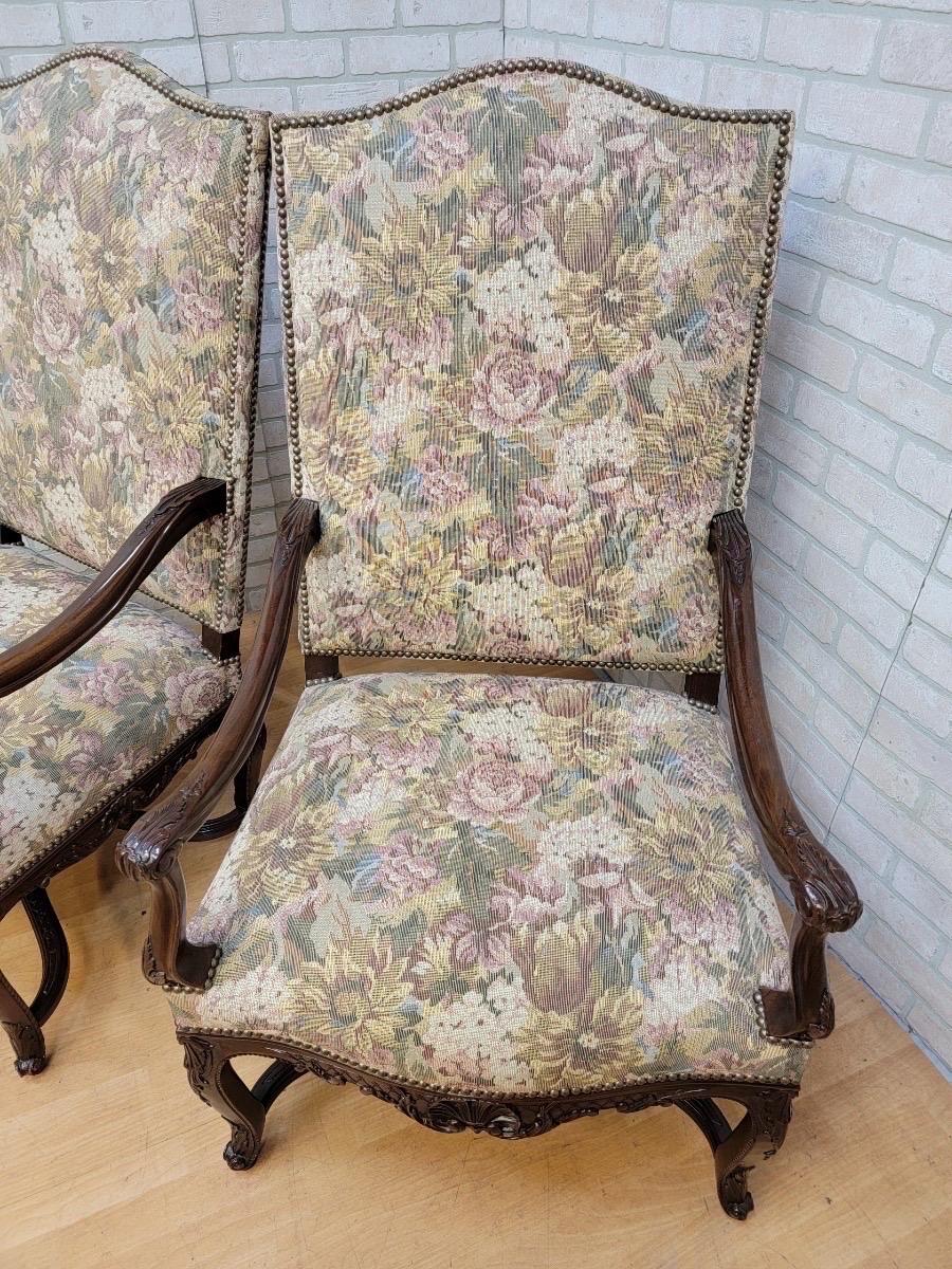 Vintage Drexel Heritage French Provincial Louis XV Style Armchairs - Pair

Pair of Drexel Heritage French Louis XV style armchairs. Item features high back and tapestry upholstery, walnut wood construction, nicely carved details, original label,