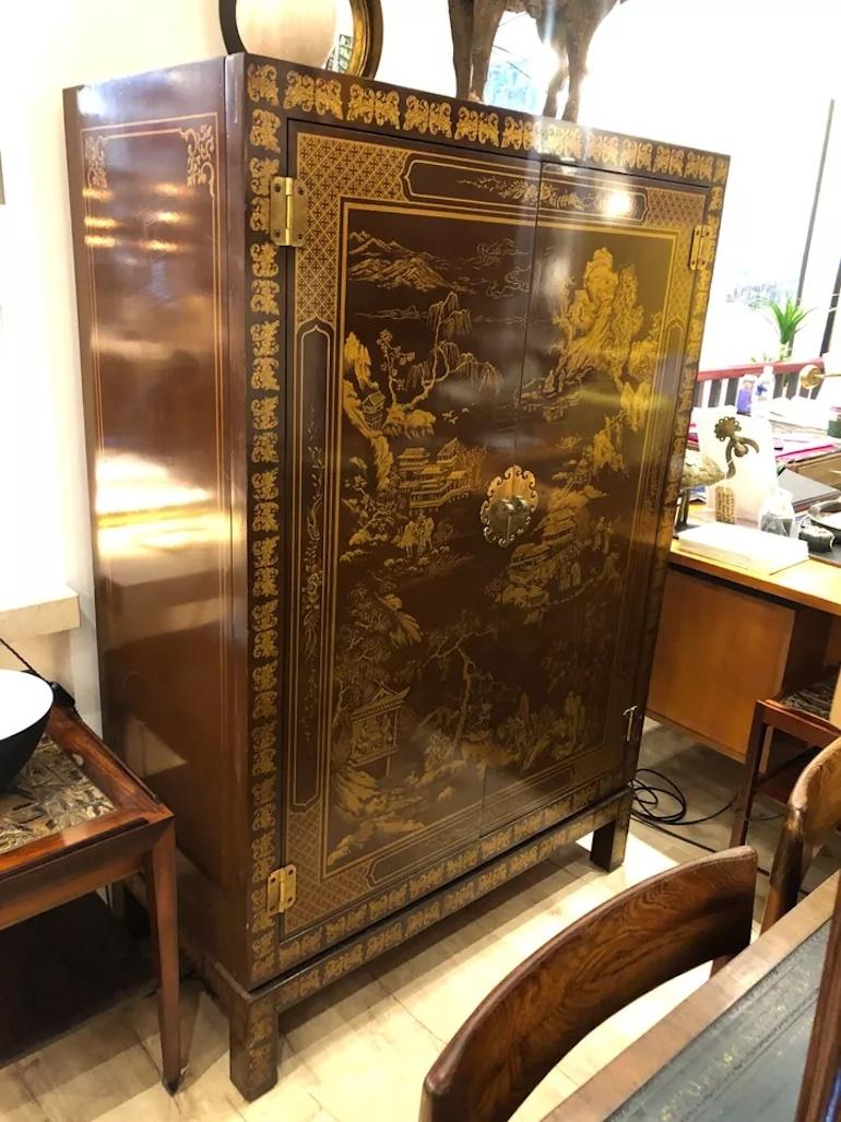 Vintage Drexel Heritage beleuchteter Chinoiserie-Schrank mit verspiegelter Rückseite, Vintage im Zustand „Gut“ im Angebot in London, GB
