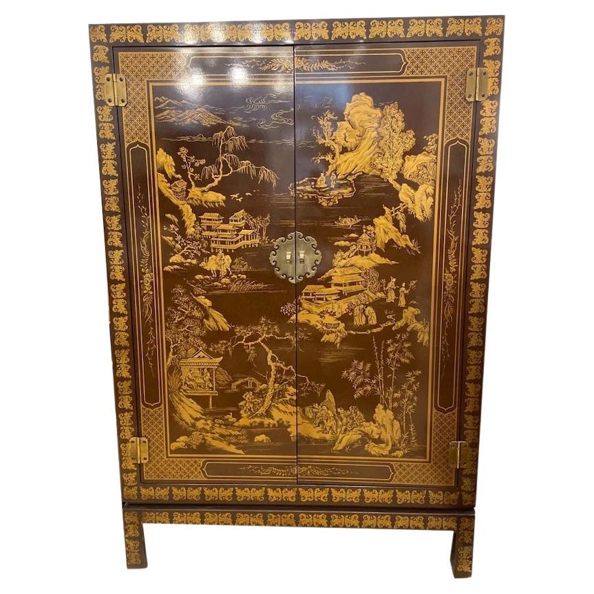 Armario Chinoiserie Vintage Drexel Heritage Iluminado Con Fondo Espejado